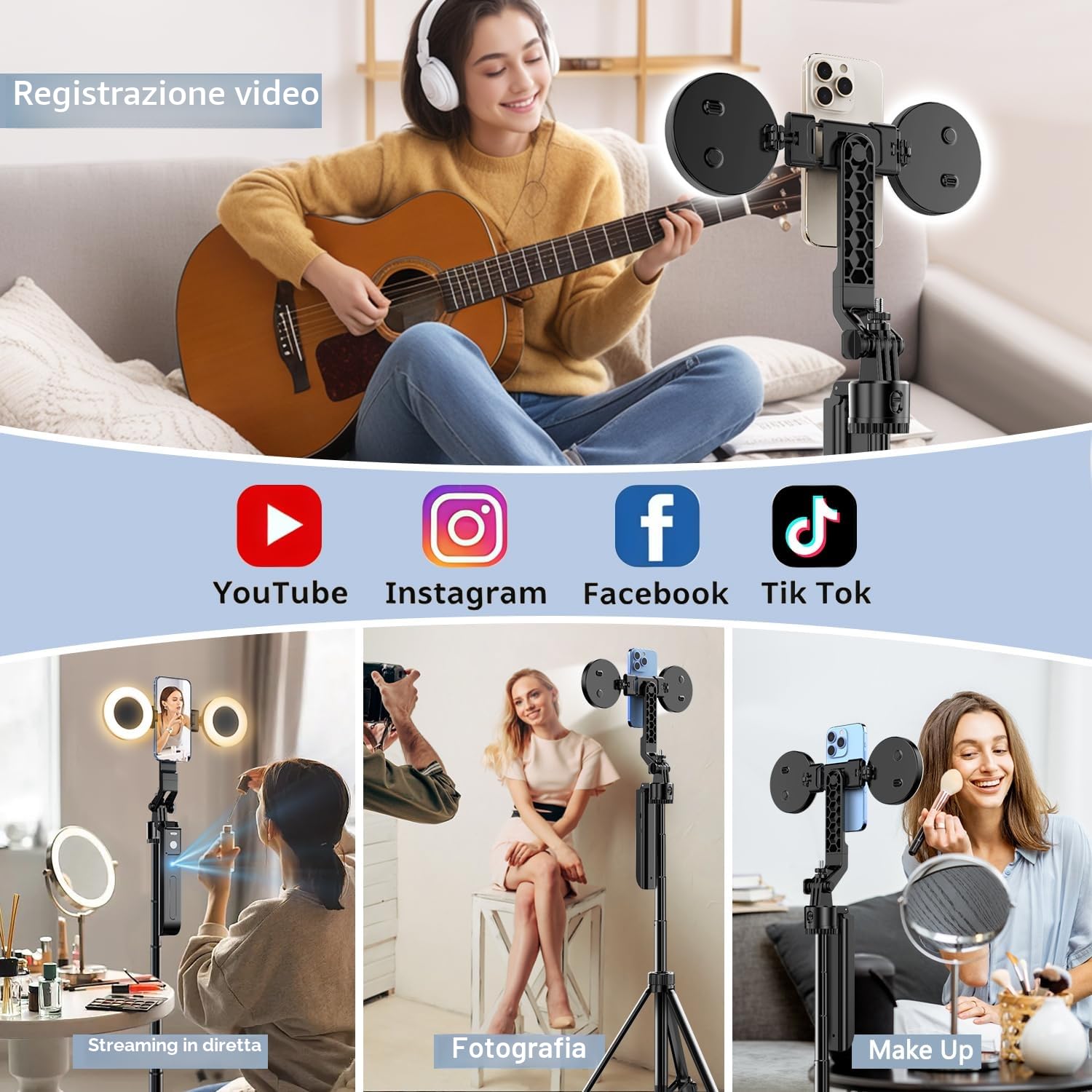 yAyusi Treppiede per Tracciamento Automatico del Viso con Luce, 360° Rotazione 180CM Selfie Stick Treppiede con Telecomando, Supporto per Fotocamera Telefono con Sensore di Movimento per Vlog/Video