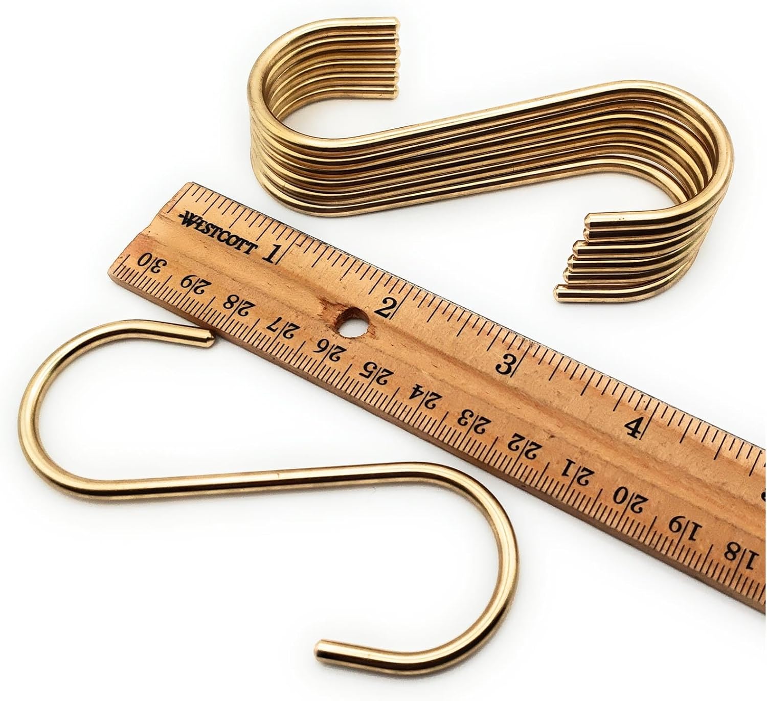 S Hooks, 7 Pack, Solid Copper Brass S Shaped Hooks, Gold S Hooks for Hanging Jeans Bags Purse, Pots Mugs Hanger, Kitchen Rod Rack Dorm Closet Traval Space-Saving Hooks