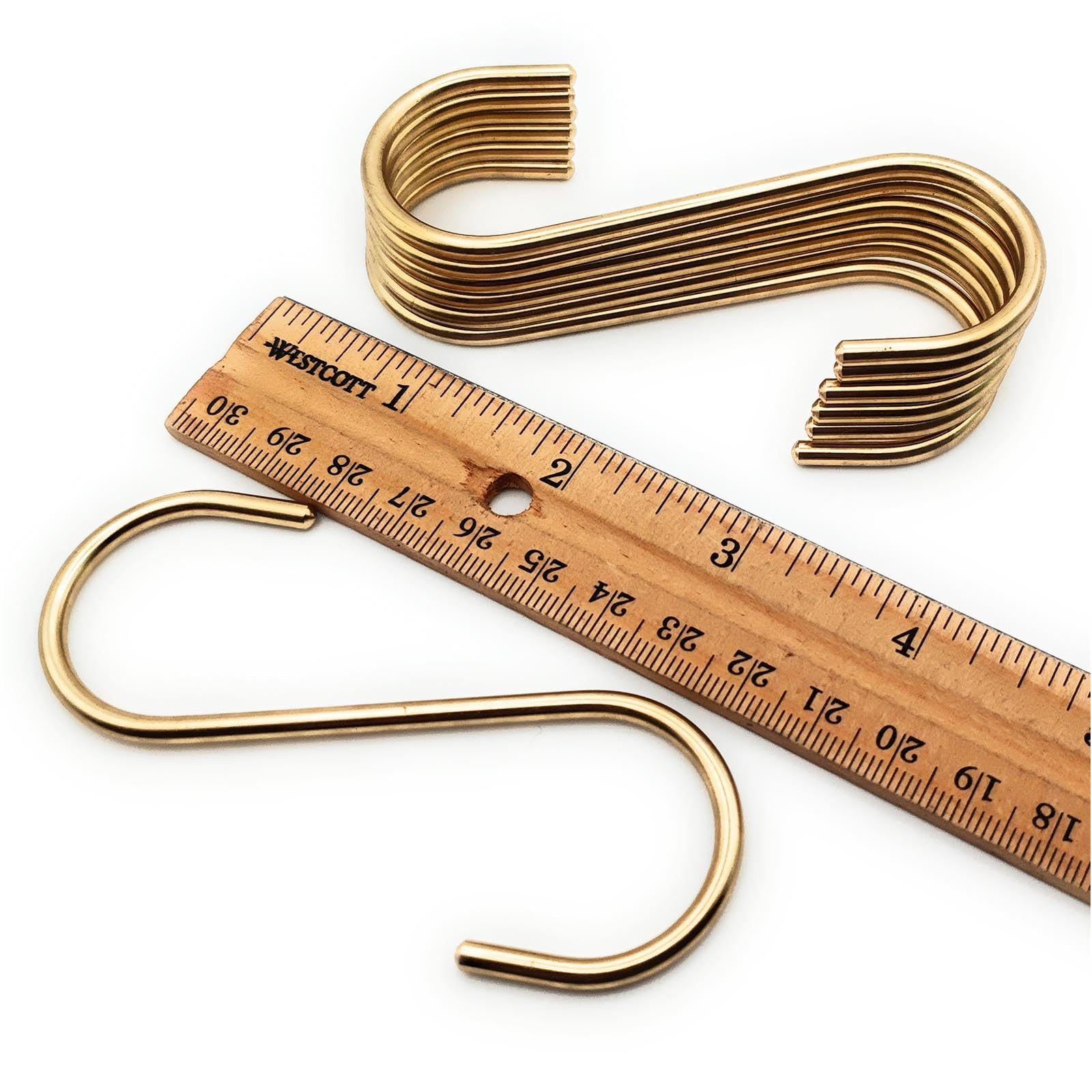 7 Pack Solid Copper Brass S Hooks for Hanging Pans Pots Coffee Mugs Jeans Towels Bags Plants in Kitchen Rack Rail Closet Dorm Garden, Rounded-End Craftsmanship, Non-Magnetic
