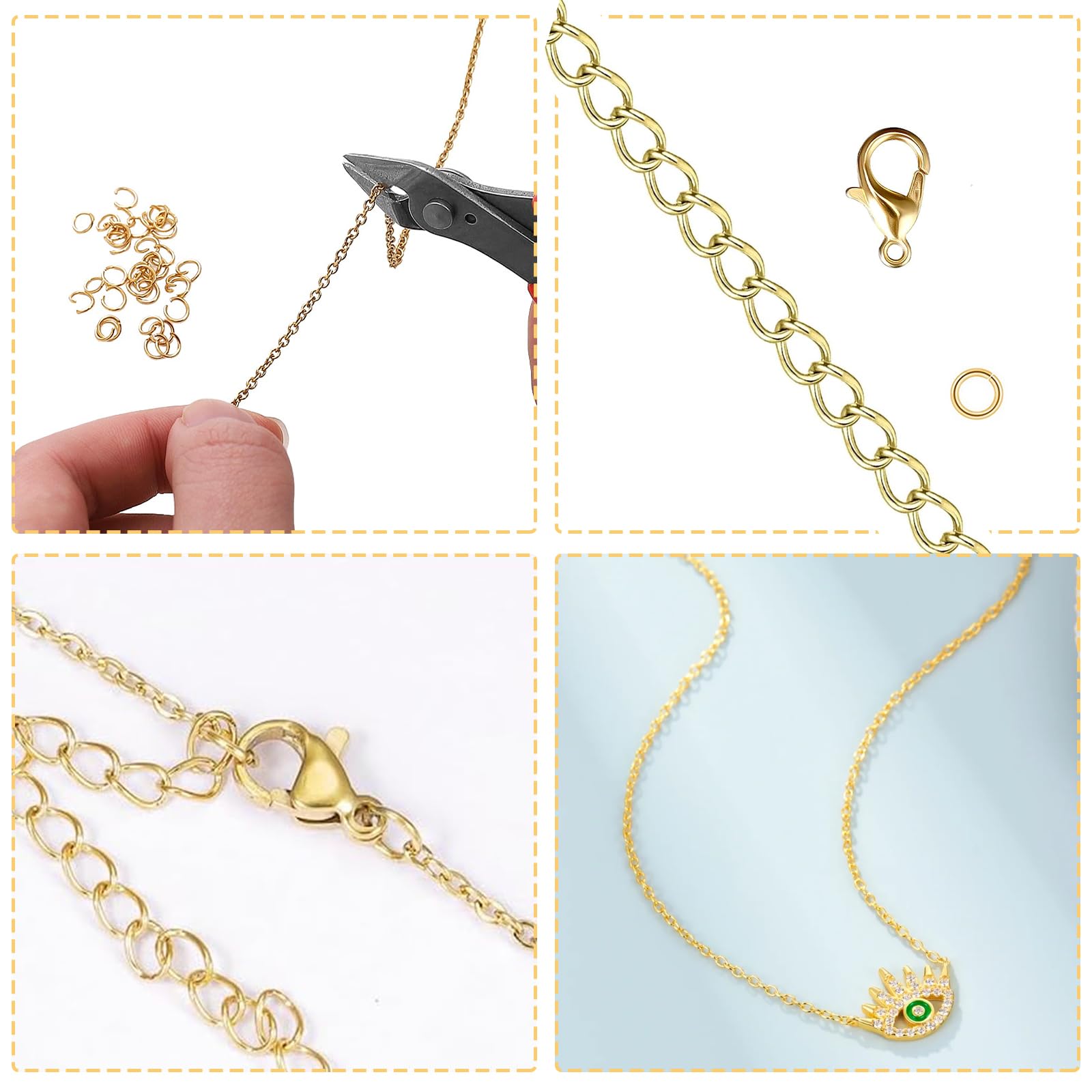 COMNICO Catena per gioielli in acciaio inox, 10 m, 1,5 mm, fai da te, per realizzare collane, orecchini, bracciali, 20 chiusure a moschettone, 50 anelli aperti (oro rosa