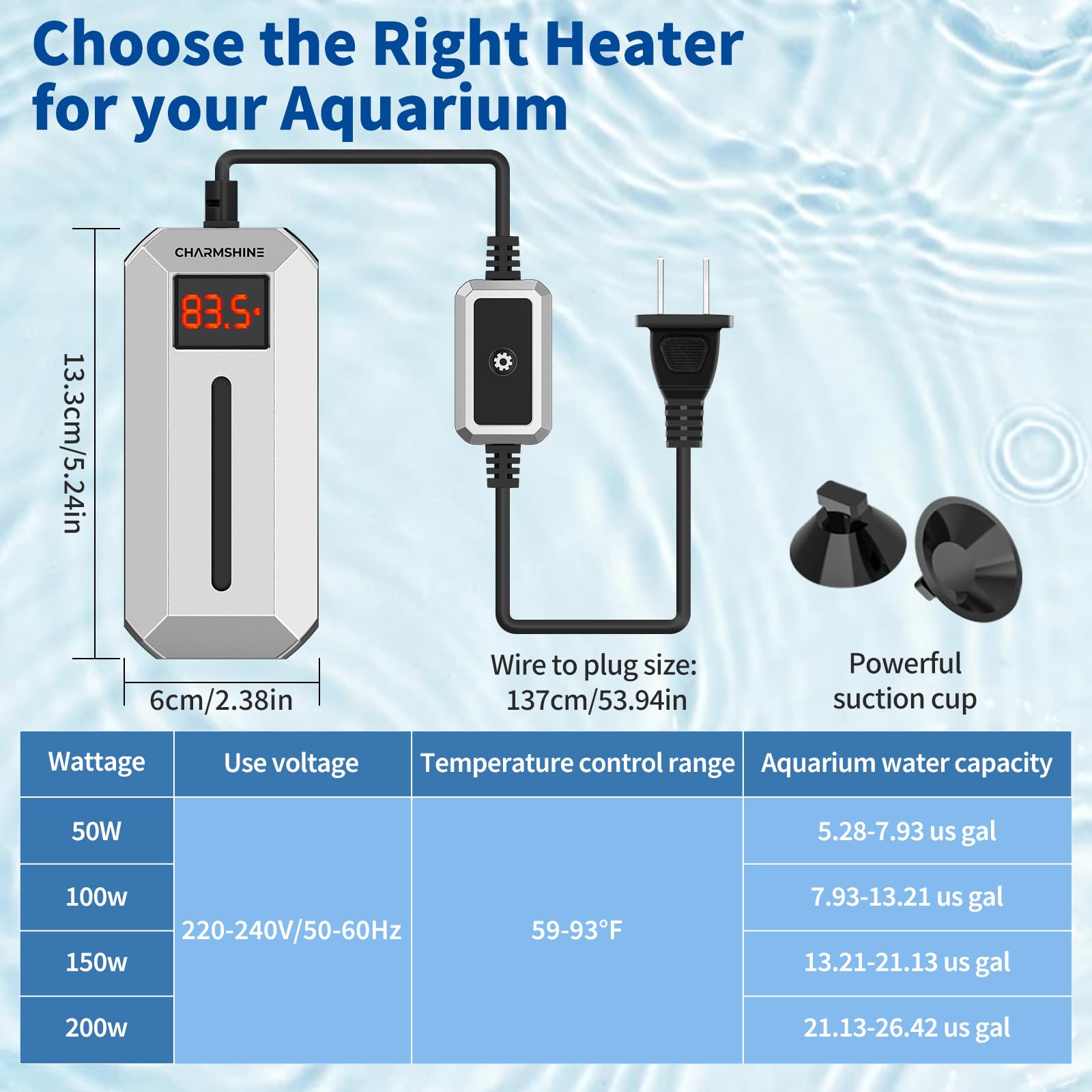 Calentador de acuario de 100 W, calentador de agua sumergible con pantalla digital LED, calentador de agua para tanques de tortugas de agua dulce y salada de 10 a 20 galones