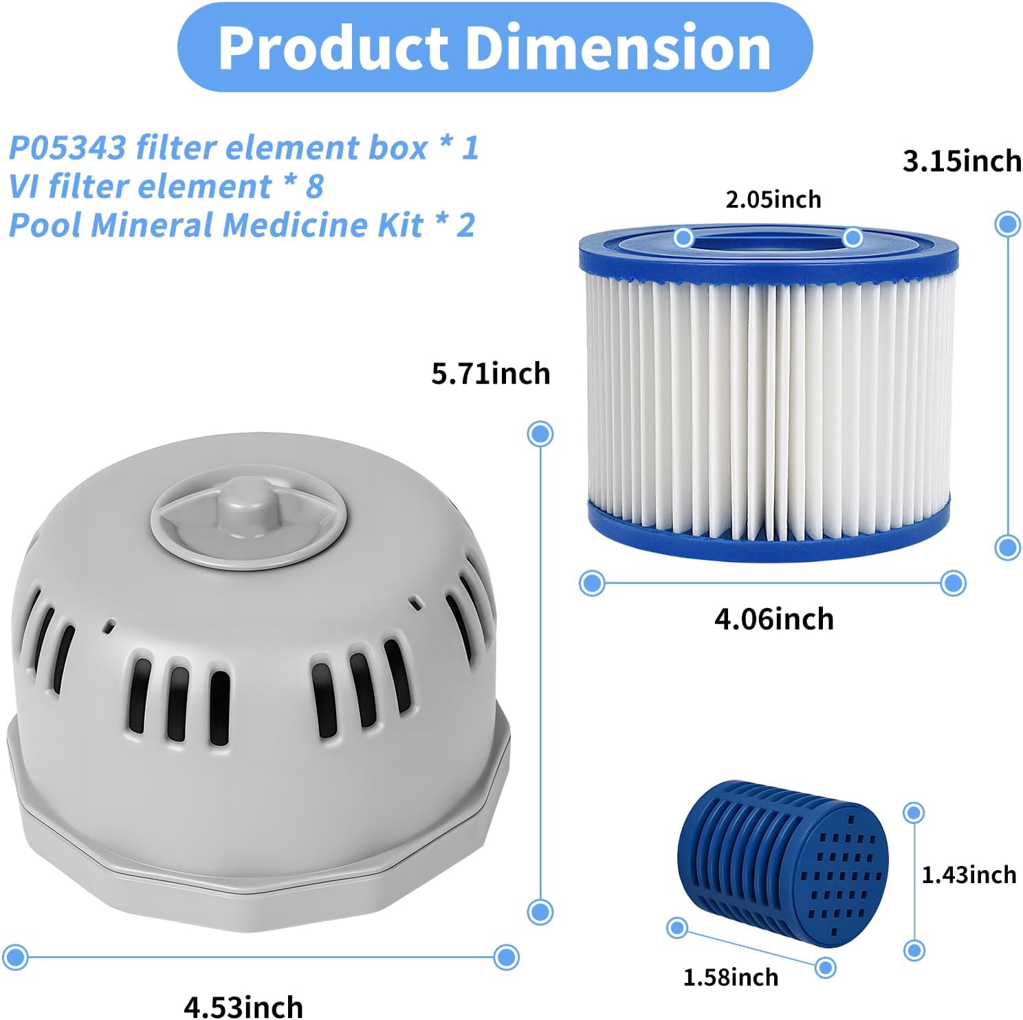 Replacement VI Spa Filters 8pcs and Hot Tub Part P05343, P6653 Filter Cartridge Holder Fits Best Way Cole Man Salu Spa, Filter Cartridge Holder for Hot Tubs Lay-Z-Spa, 2pcs of Mineral Stick