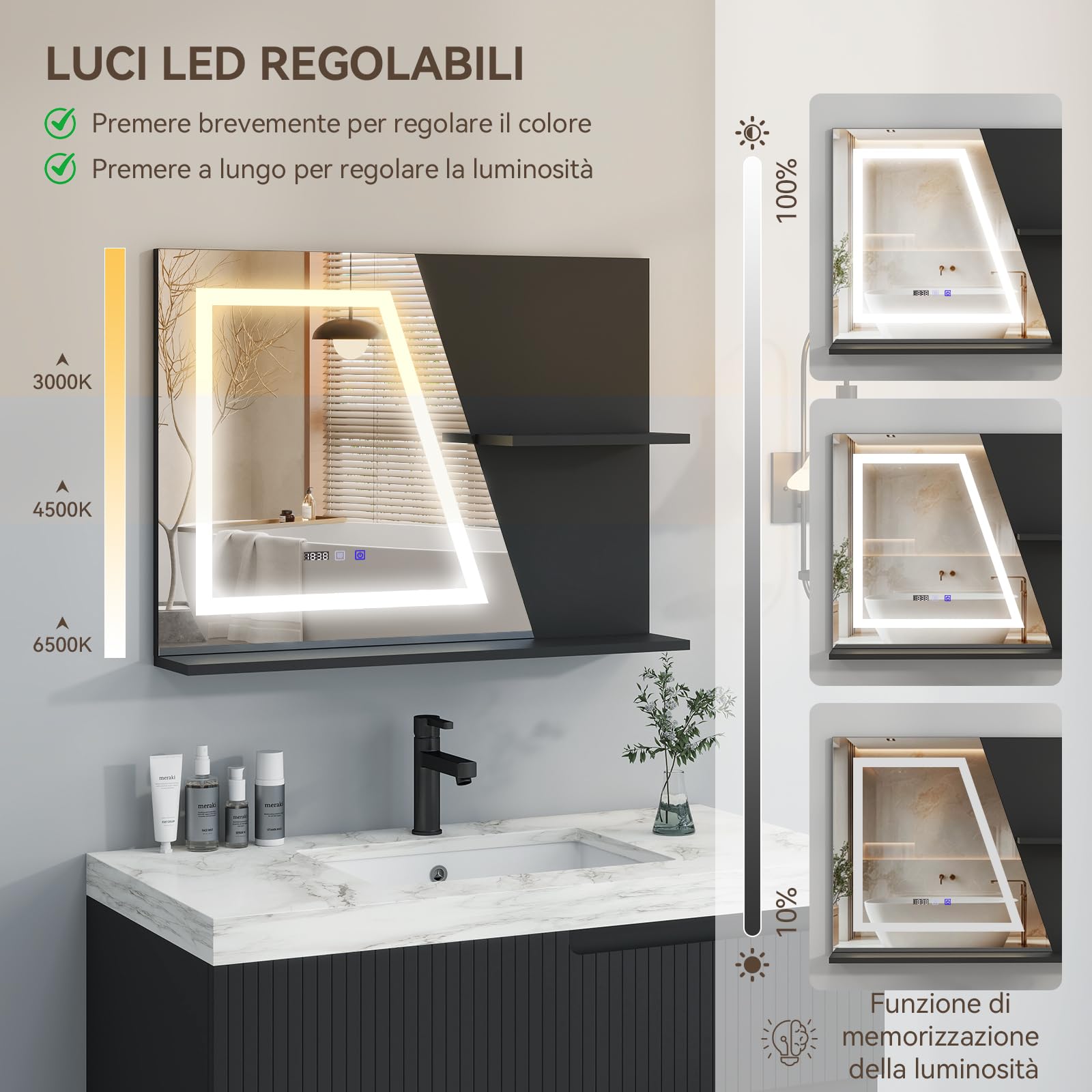 YU YUSING Specchio Bagno LED 80x60 cm con 2 Ripiani, Specchio da Parete con Led, 3 Colori, Luce Regolabili, Contro Touch, Display dell'Ora e Temperatura, Antiappannamento, IP44, Moderno, Nero