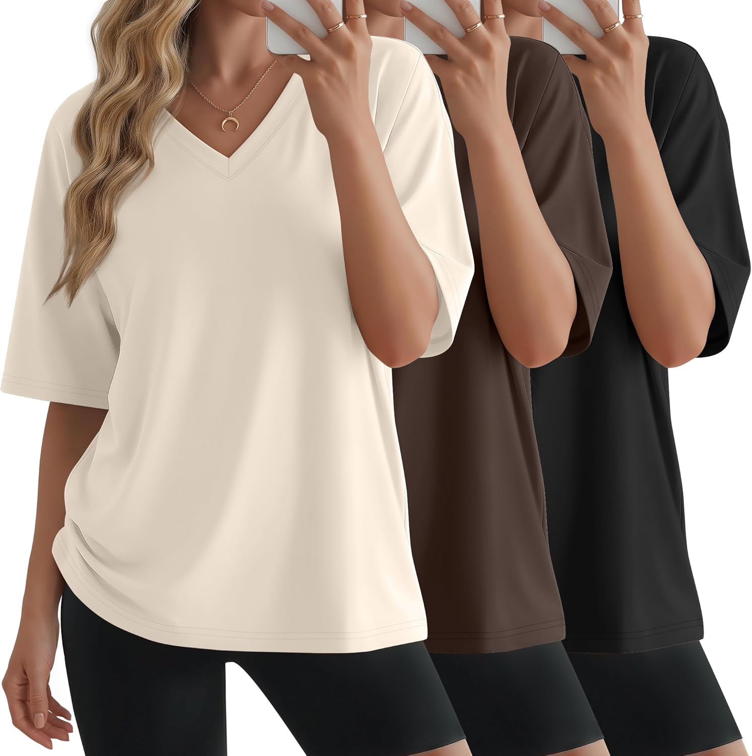 3 Pack Womens Oversized Half Sleeve T Shirts V Neck Tops Loose Fit Basic Tees Summer Casual Clothes