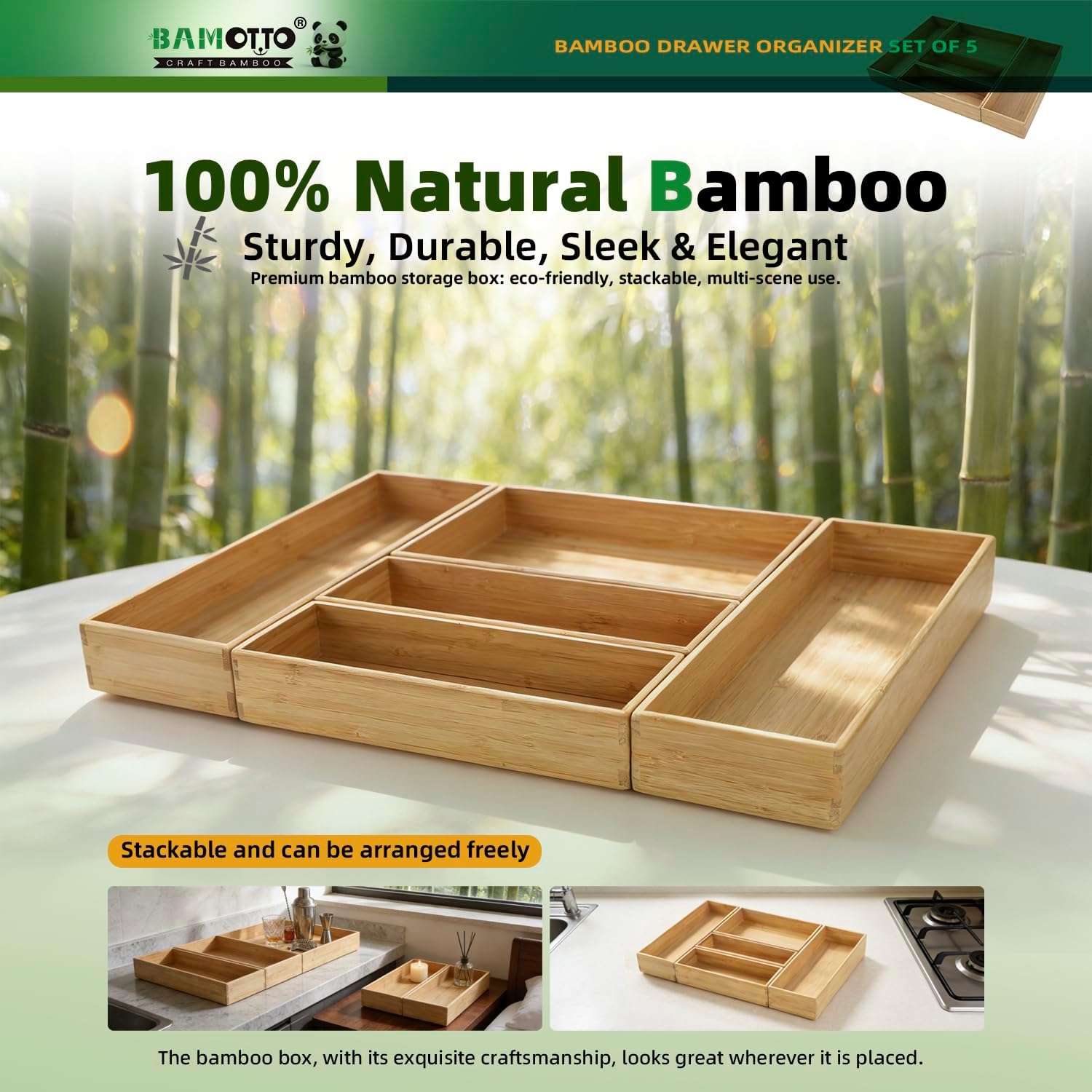 Stack Bamboo Drawer Organizer Set of 5, Kitchen Utensil, Flatware&Silverware Organizer-Wood Laminated Stackable for Kitchen, Bedroom, 13.4''x4.5''*2+10.2''x3.3''*2+10.2''x6.7''*1