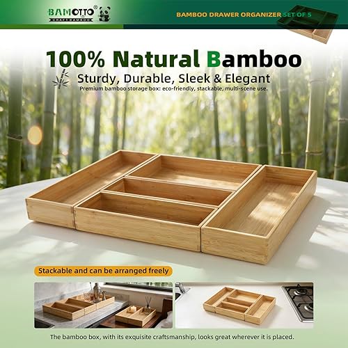 Miniatura 6 de Juego de Organizadores de Cajones de Bambú Apilables de 5 Piezas, Organizador de Utensilios de Cocina, Organizador de Cubiertos y Vajilla - Laminado