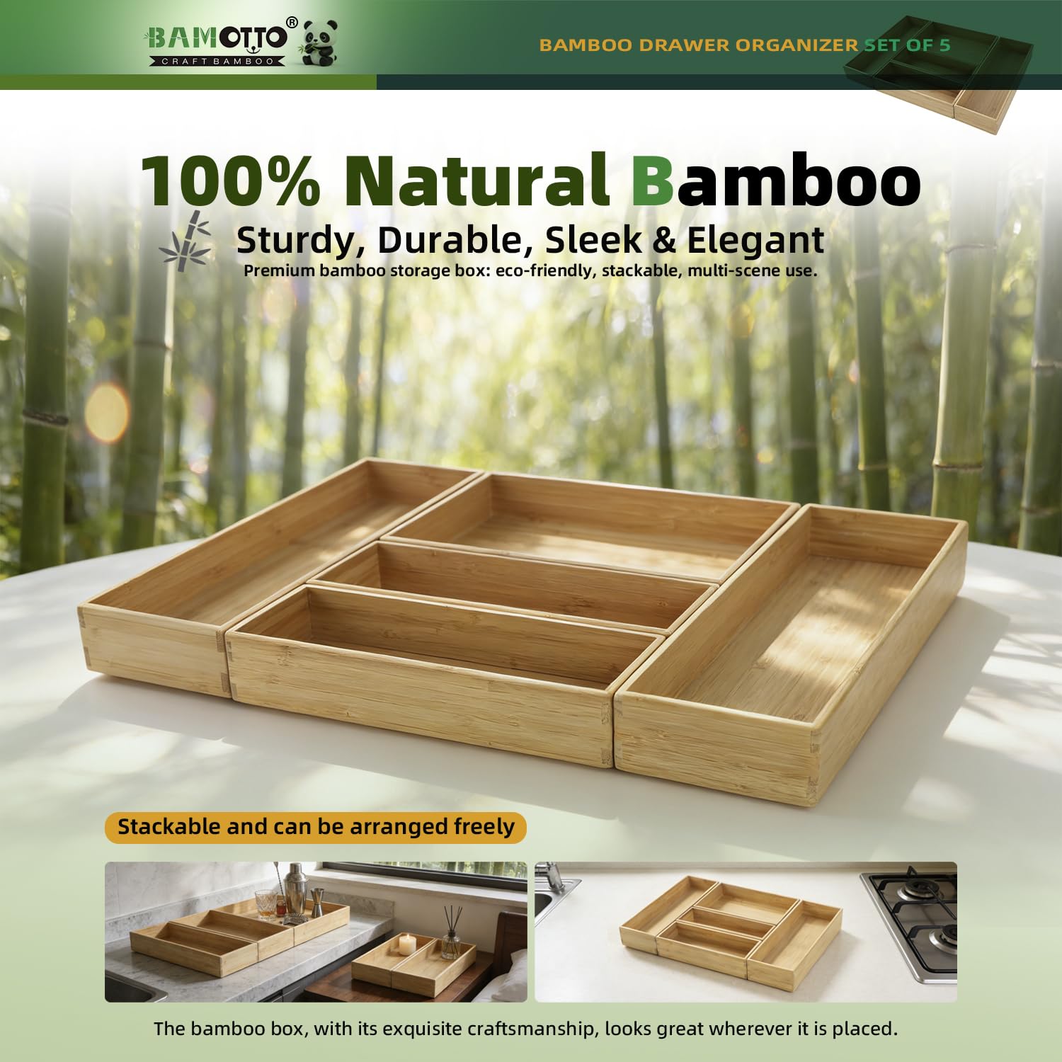 Set Di 5 Organizer Per Cassetti In Bambù Naturale, Con Divisori Rimovibili, Per Cucina, Posate, Ufficio, Bagno E Trucco, Colore Nero - 4