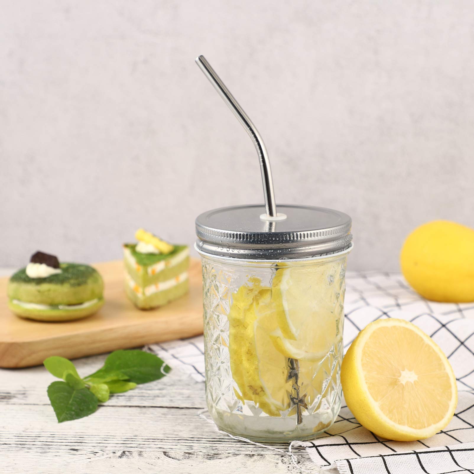 Cabilock Barattolo con Cannuccia 500ml in Vetro e Acciaio Inossidabile, Design a Losanga Confortevole e Antiscivolo, per Tè e Bevande in Soggiorno o Ufficio