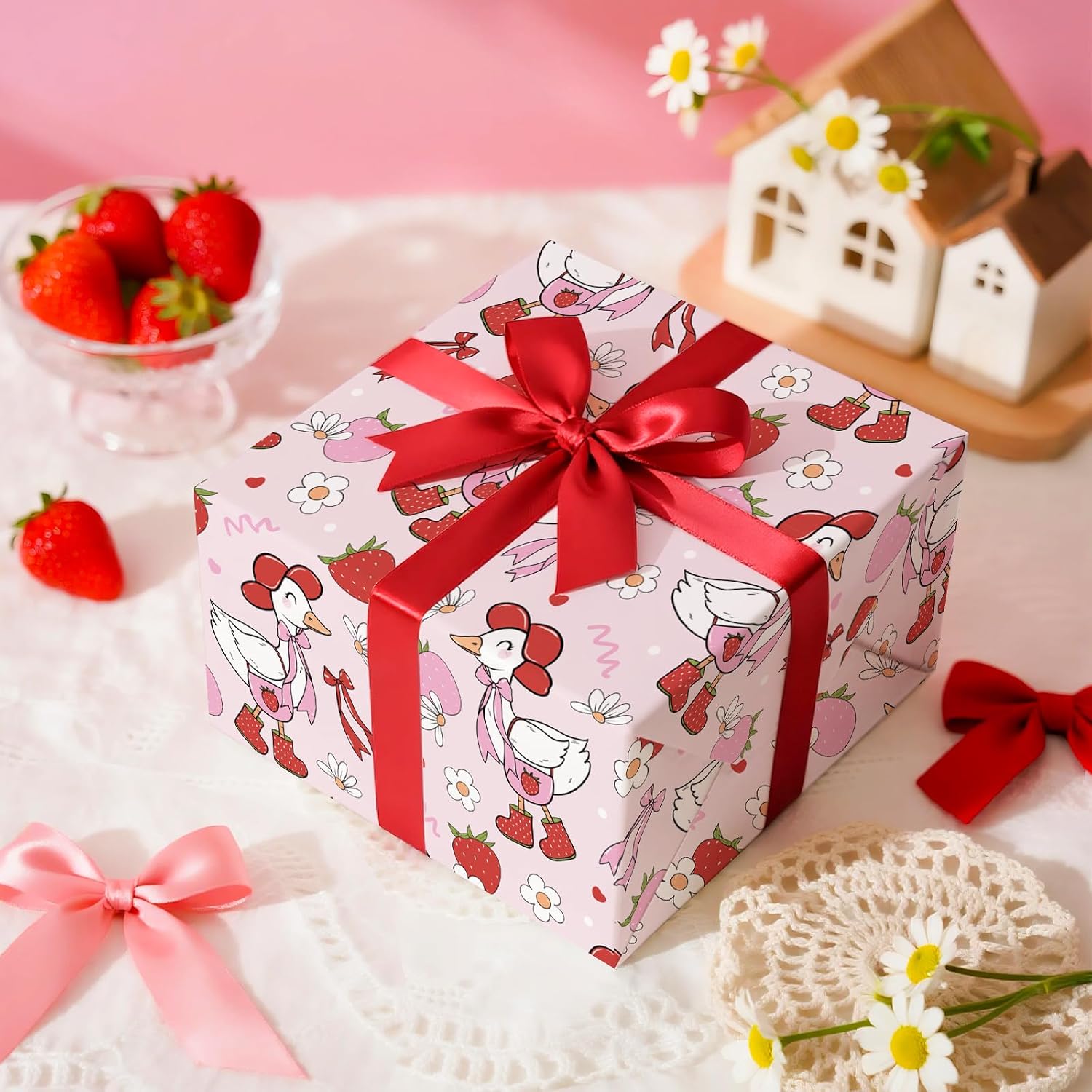 WRAPAHOLIC Silly Gooses Wrapping Paper Roll - Mini Roll - 17 Inch x 16.5 Feet - Red Goose Coquette Gift Wrap Strawberry Wrapping Paper Perfect for Girls Birthday, Baby Shower image 5