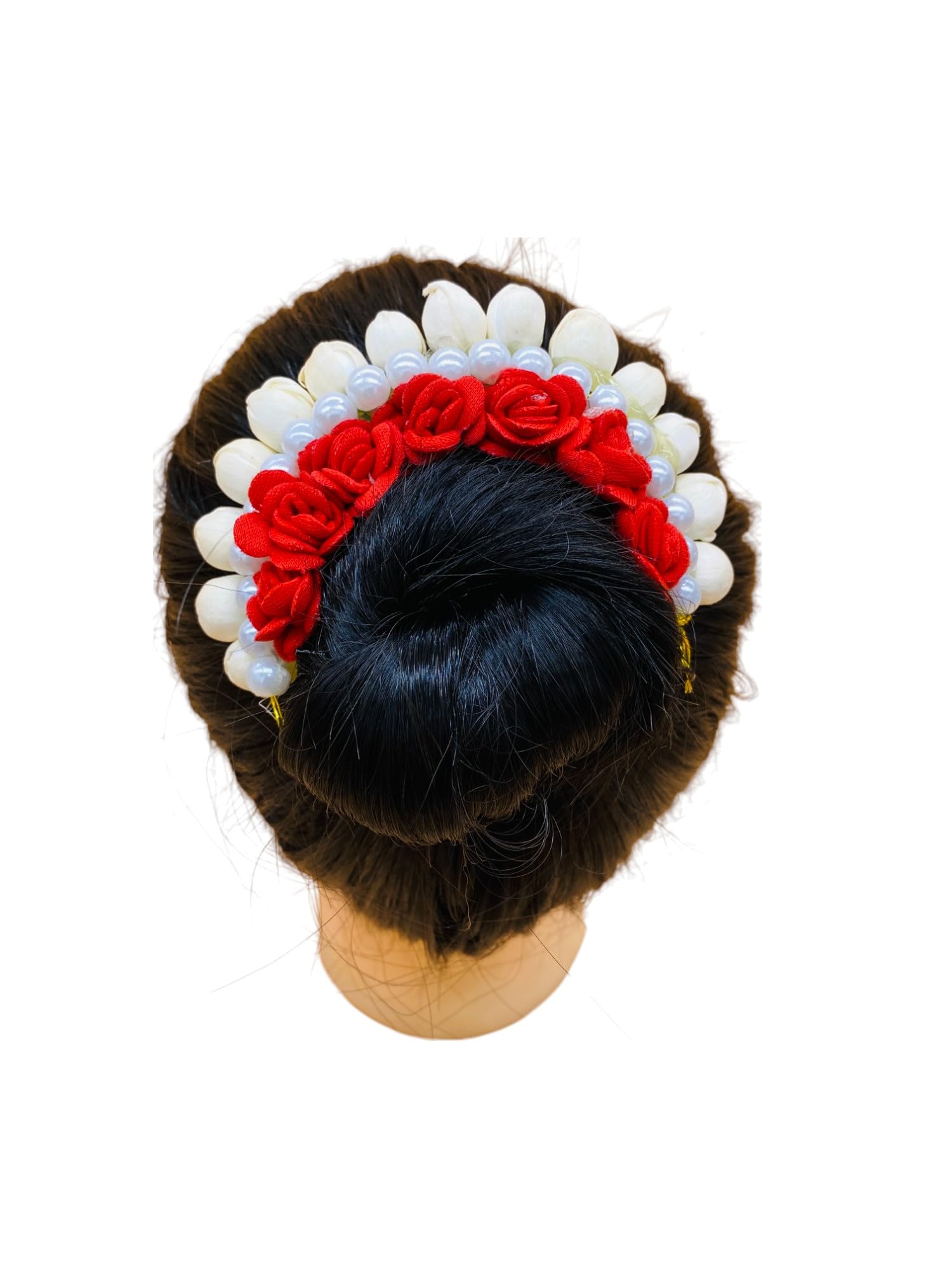 VinshBond Combo of Fancy Hair Bun Gajra Flower Hair Tiara for Women and girls, Yellow & red White Hair Bun Styling Accessories,Pack of 3 2