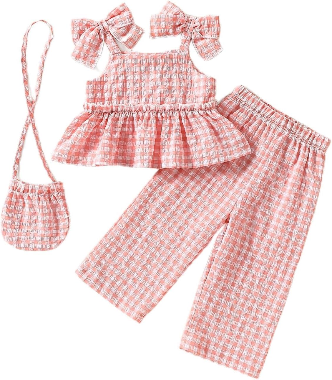 ChuYuKu Baby Girl Clothes Summer Spaghetti Strap Plaid Pants Set with Bag Cute Matching Outfits
