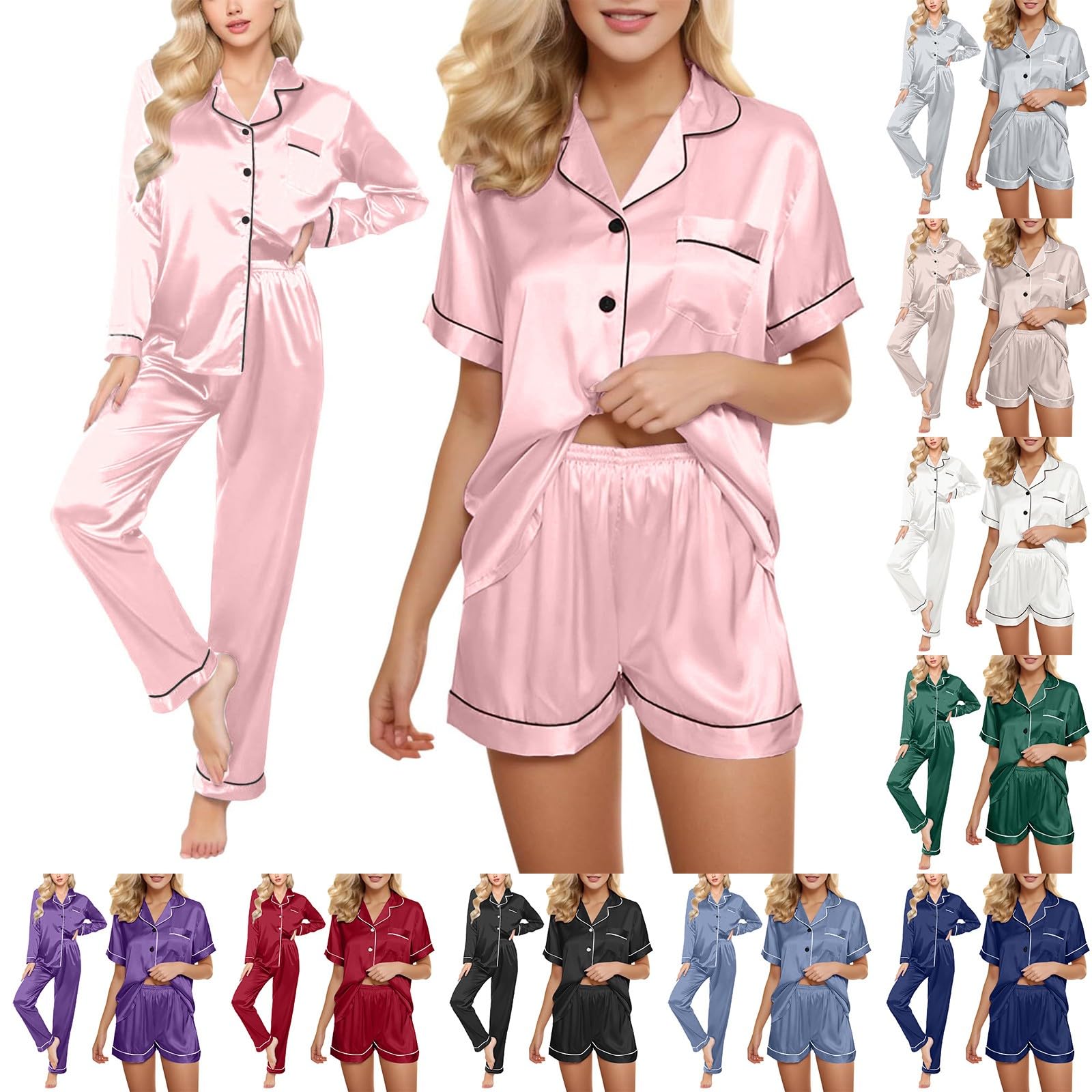 Generisch Pijama de 4 piezas para mujer, pijama de satén para mujer, pijama corto con botón para mujer, ropa de dormir de seda, conjunto de pijama largo de gran tamaño, conjunto de pijama de verano de