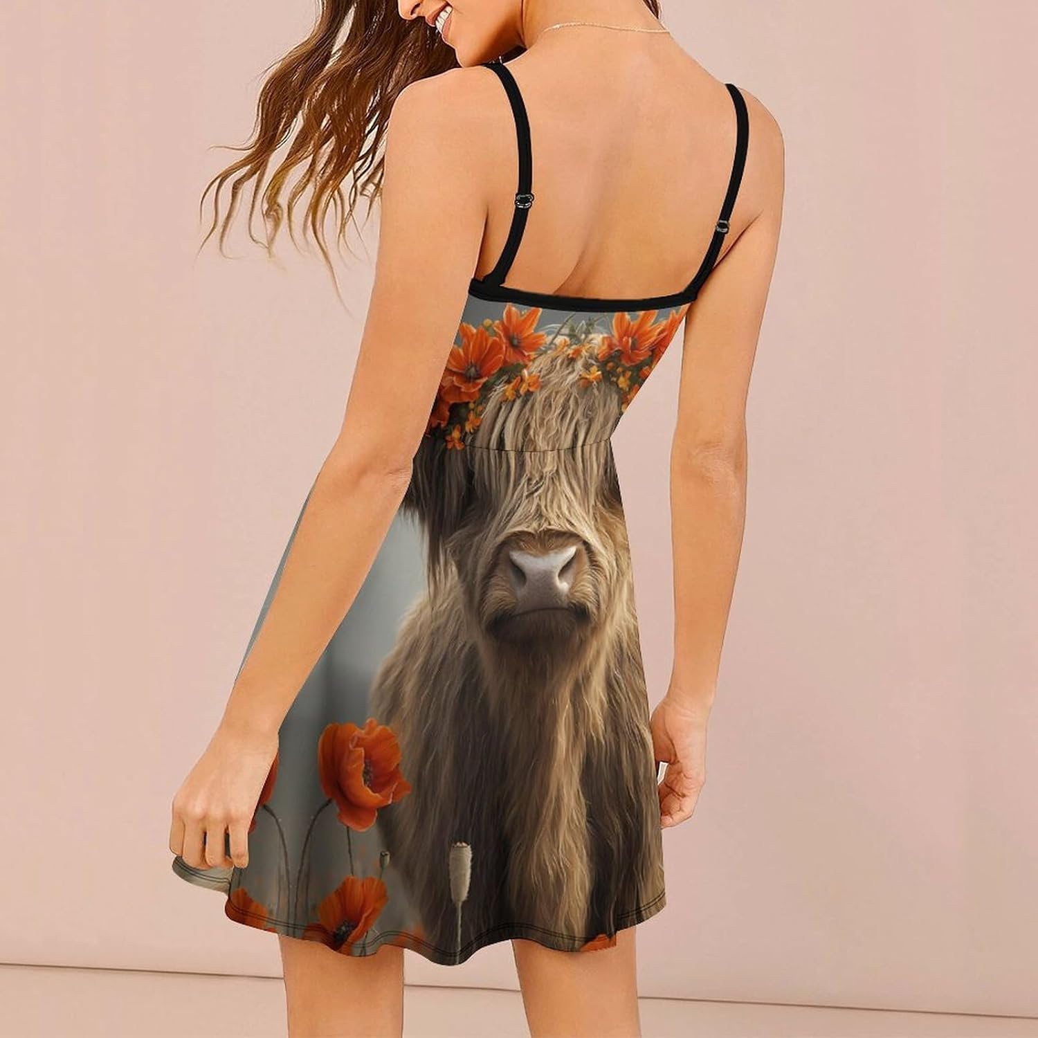 Cute Highland Cow Short Cami Dress for Women Adjustable Spaghetti Strap Flowy Sundress Beach Vacation