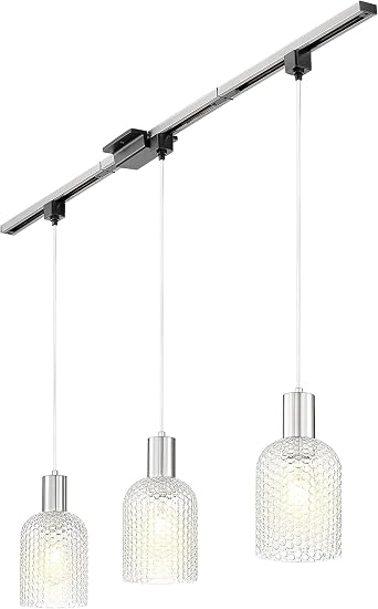 Emliviar 3-Pack Brushed Nickel Finish 39.3" Cord Track Hanging Light with Hammered Glass, H-Type Pendant Lamp with E26 Socket, GE296TP-3 BN