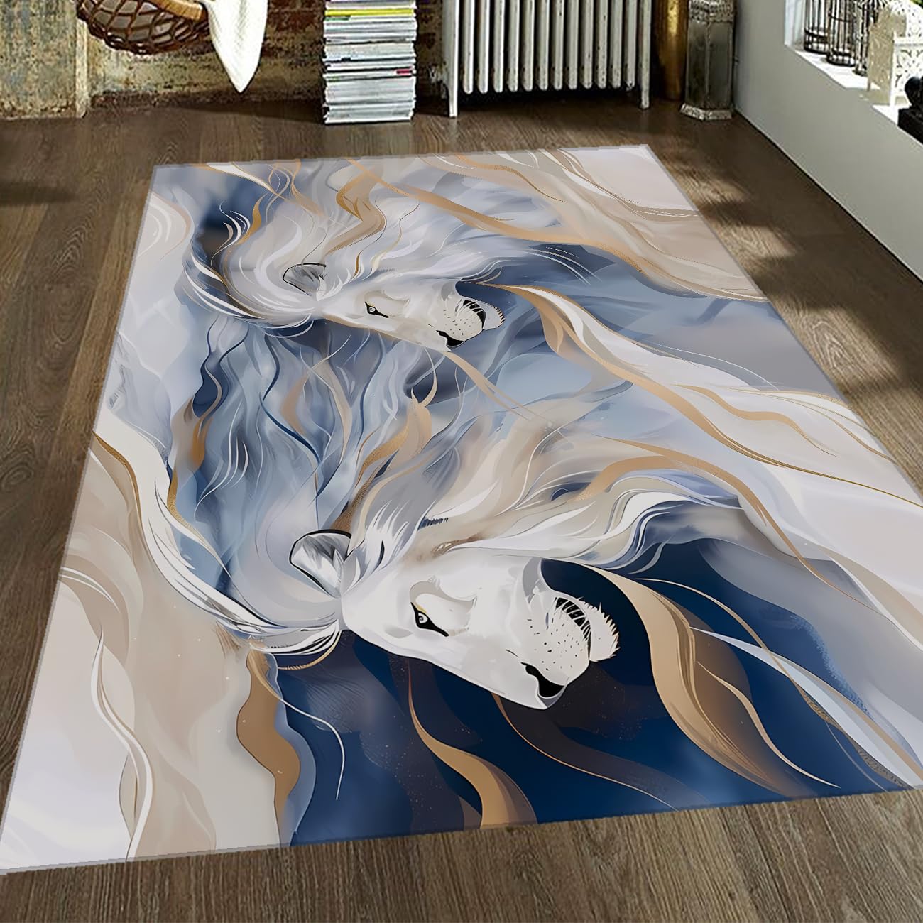 Tapis de chambre lion abstrait pour une ambiance salon cosy