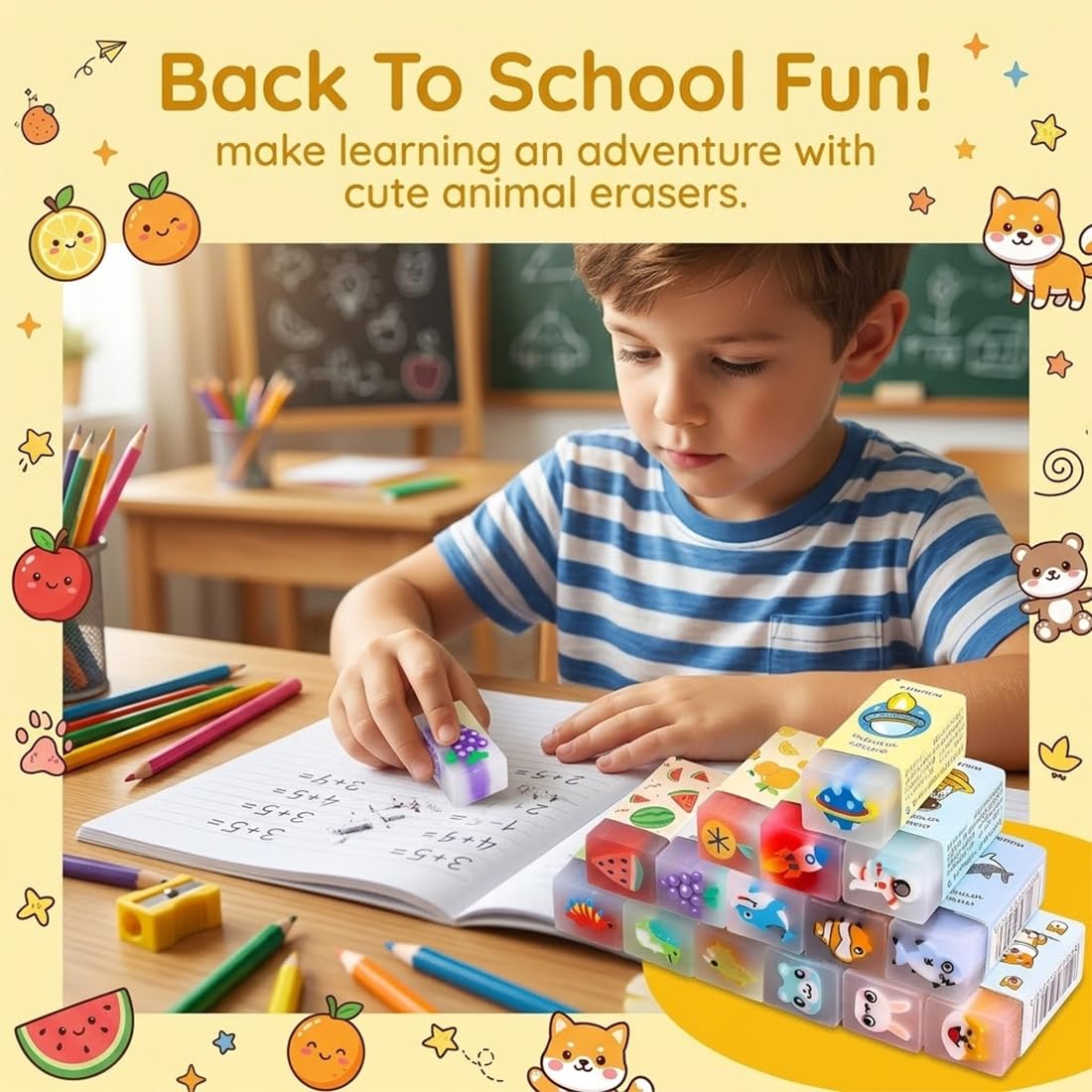Set da 15 Gomme da Cancellare per Bambini - Motivi Carini Animali Colorati