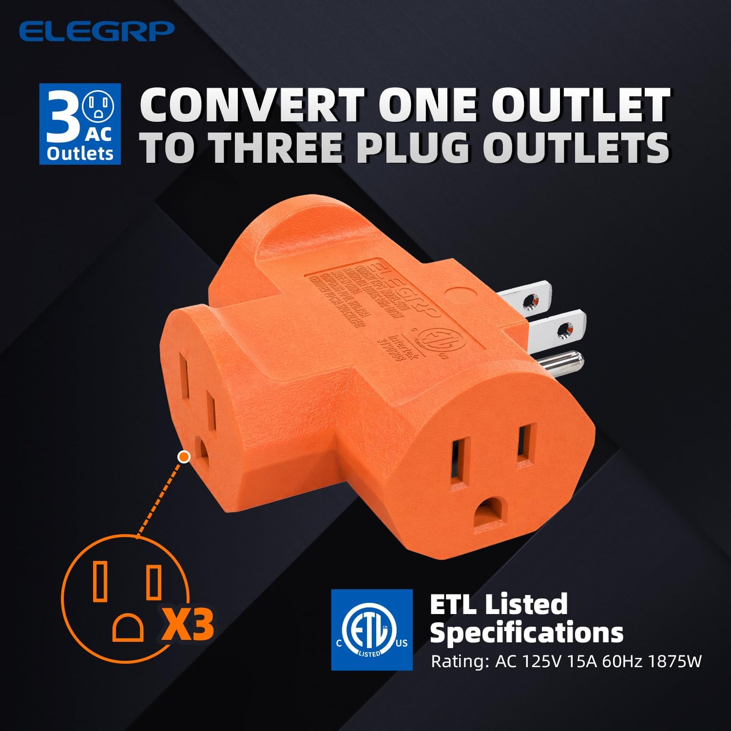 ELEGRP 3-Prong Heavy Duty Power Extender To Triple Outlet in T Direction, Multi-Directional Grounded Wall Tap Outlet Extender with 3 Prong Plug-in, 15-Amp, 125-Volt, ETL Listed, 3 Pack, Orange