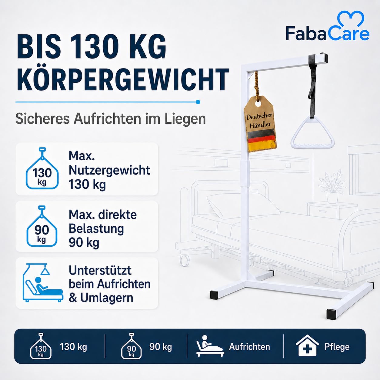FabaCare Bettgalgen freistehend bis 130 kg Körpergewicht Zwei Griffen, Zusatzgriff | mobiler Galgen für normales Bett | Aufrichthilfe, Bettgriff, Bettaufrichter mit Trapezgriff