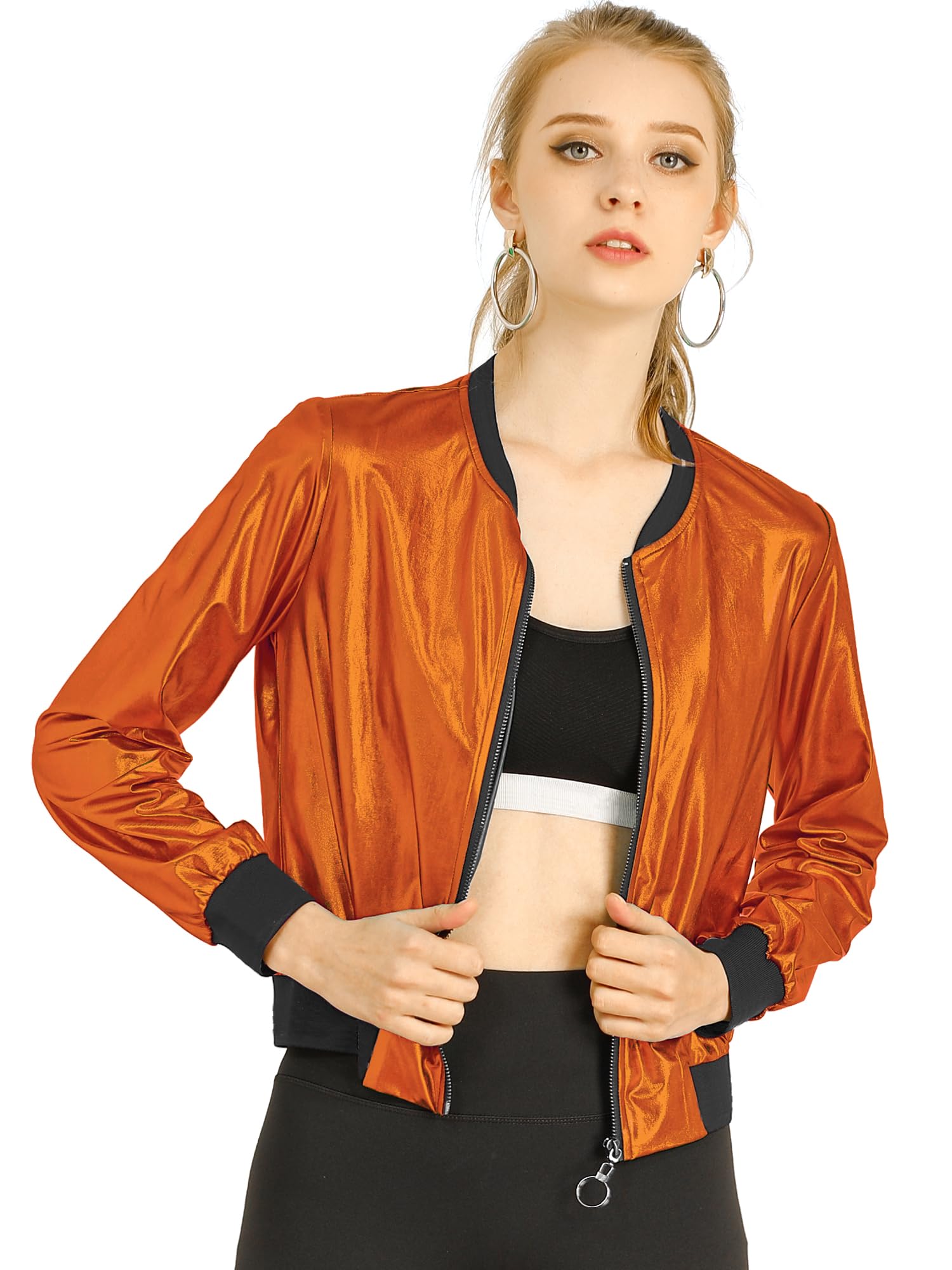 Photo 1 of Allegra K Women's Holographic Metallic Bomber Jacket