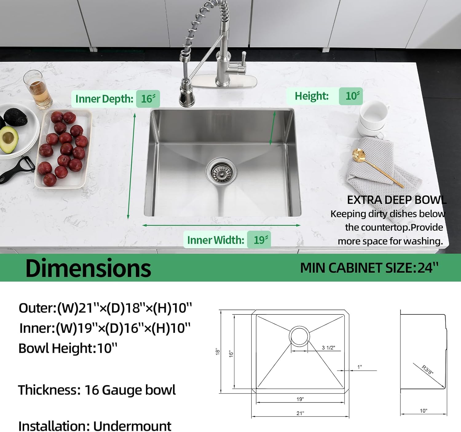 Undermount Kitchen Sink, 21 x 18 x 10 Inch Single Bowl Sink 16 Gauge T-304 Stainless Steel Kitchen Sinks with Accessories