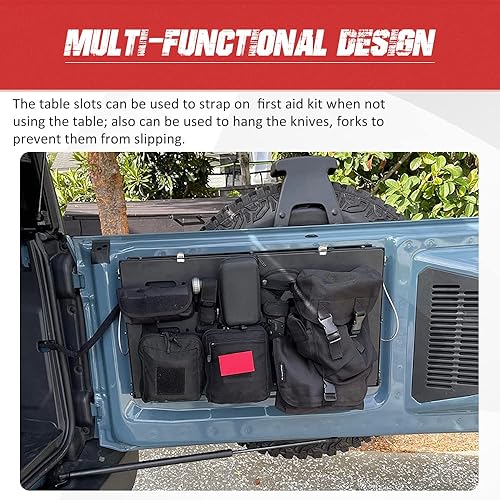 Miniatura 7 de Mesa plegable para puerta trasera de Ford Bronco, mesa plegable de acero para puerta batiente, estante de carga negro compatible con Ford Bronco