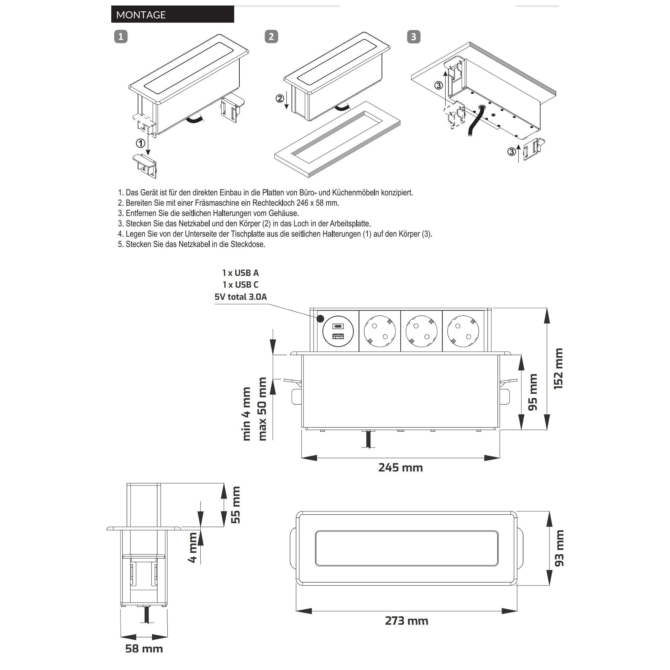 Ciabatta elettrica da incasso a 3 scomparti, in alluminio, ingressi USB-A e USB-C, con ammortizzazione