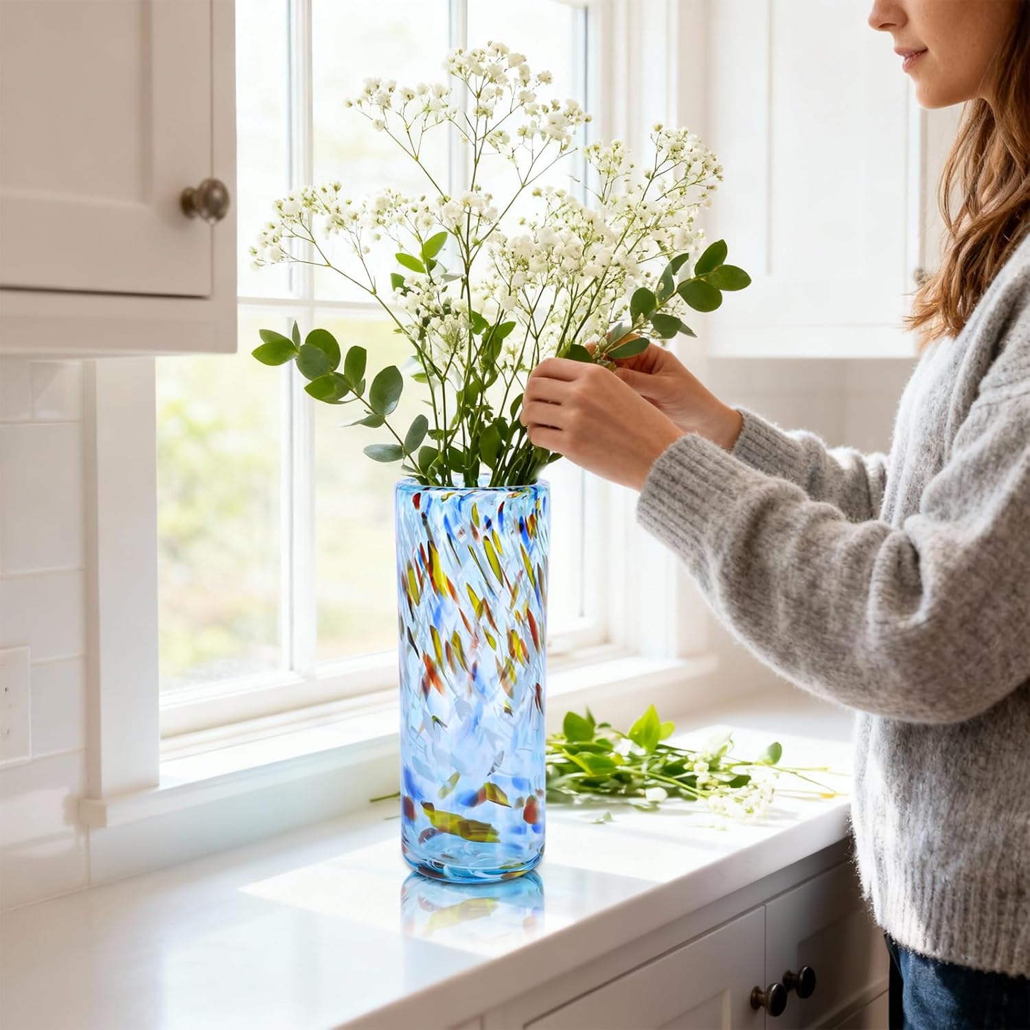 9.45" Tall Aqua Vase Hand Blown Glass Vase Green, Modern Aqua Home Centerpieces Wide Mouth Vases for Bud&Flower Decor - Ideal Living Room, Kitchen, Wedding, Dining Table, Office Center Table - Image 3