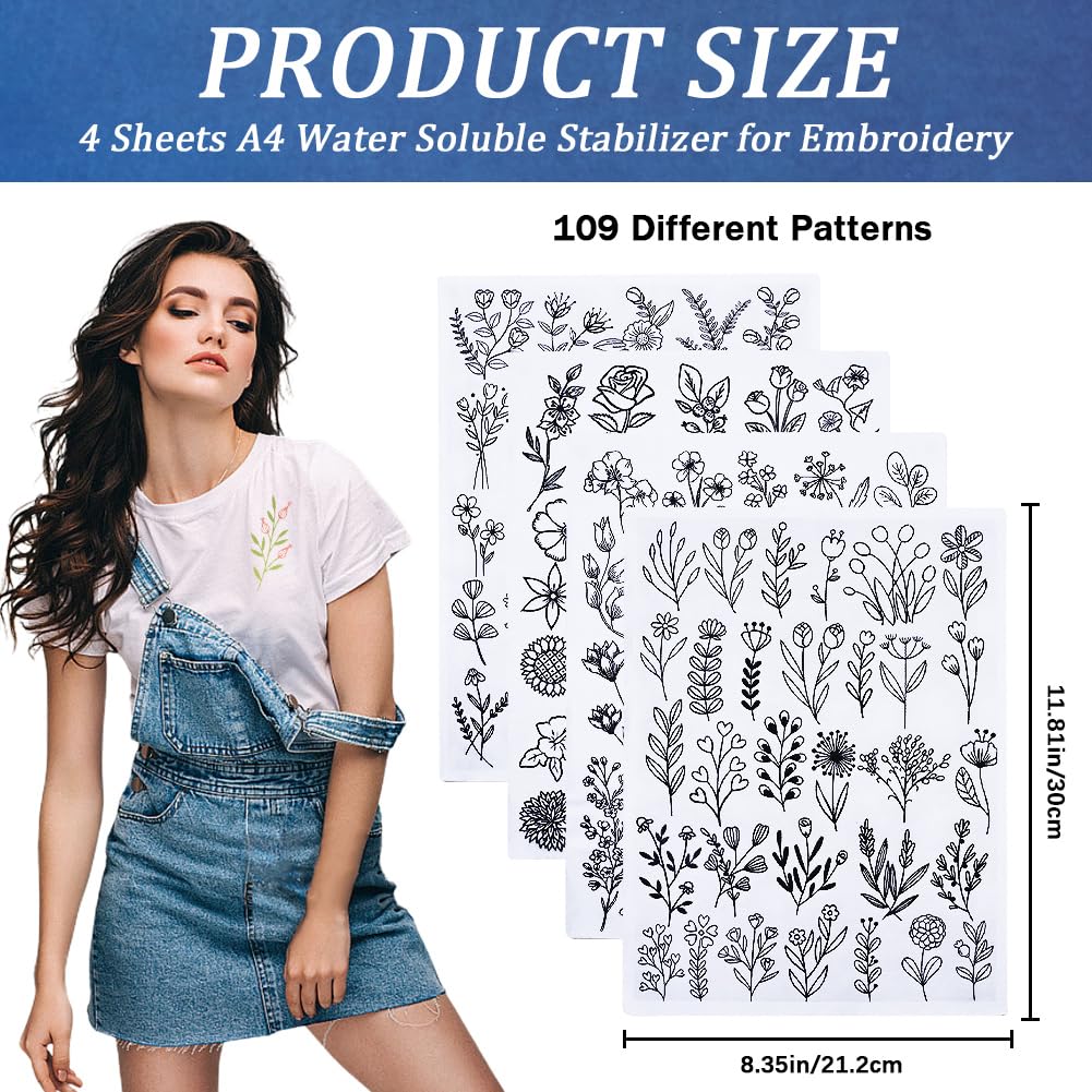 CRASPIRE 109Pcs Flower Leaves Water Soluble Embroidery Stabilizers Plants Hand Sewing Stick and Stitch Transfers Paper Wash Away Pre-Printed Self Adhesive Patterns for Bags Cloth Sewing Lovers