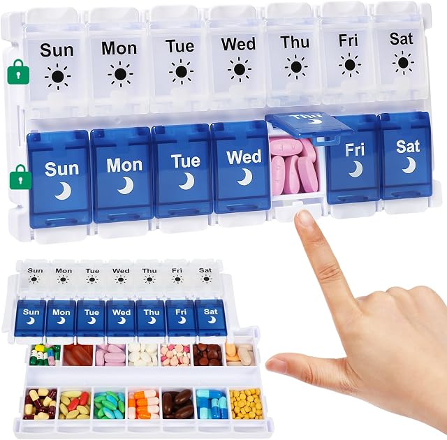 Shintop Weekly Pill Organizer 2 Times a Day, Easy Fill AM PM Pill Box 7 Day Push Button Medicine Organizer for Vitamins & Supplements (Blue & White)