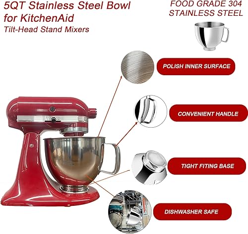 Miniatura 3 de adwrparts Kit de tazón mezclador de acero inoxidable de 5 cuartos de galón compatible con KitchenAid Artisan y Classic Series 4.5-5QT mezcladores de