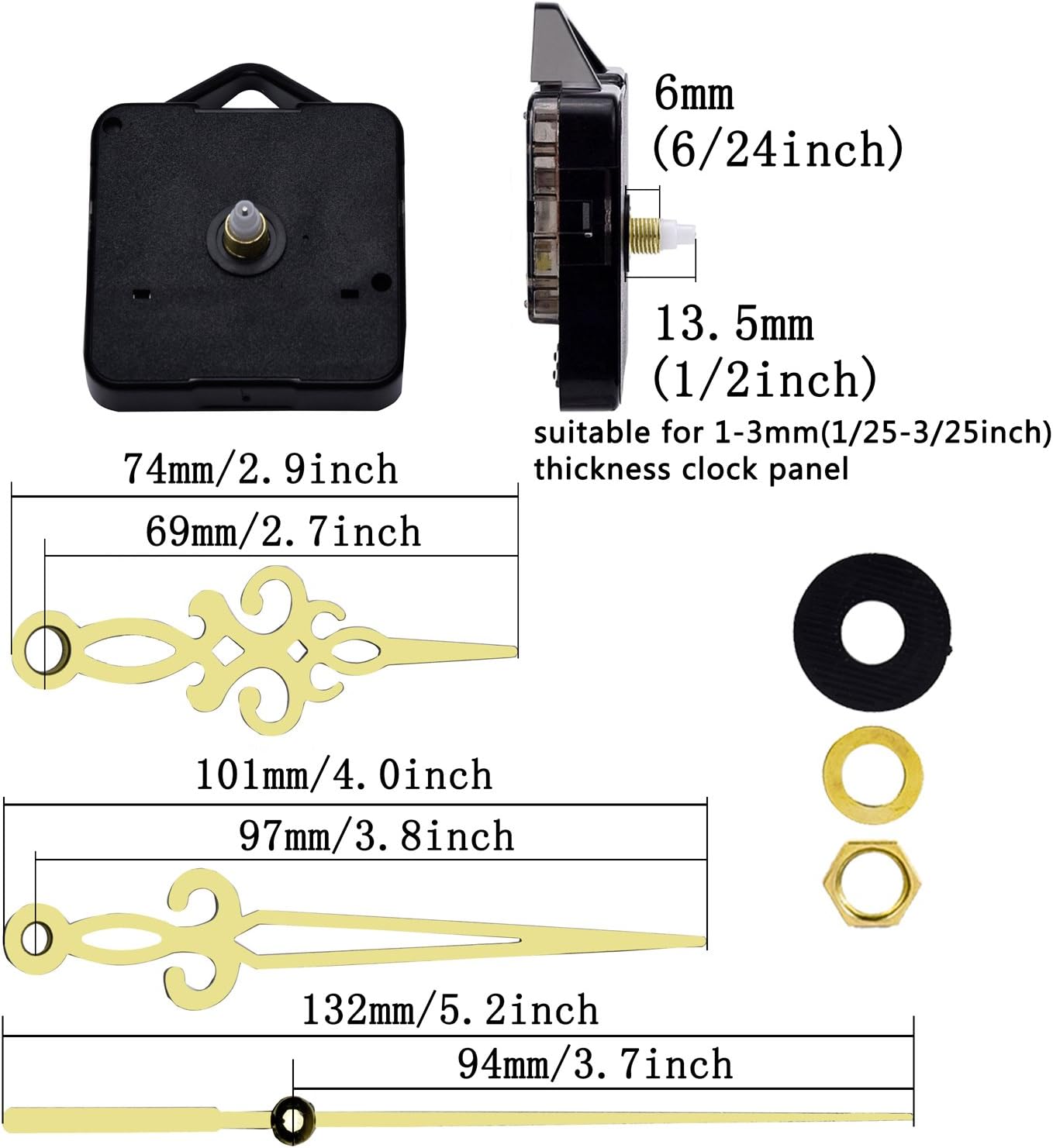 Mudder Quartz Wall Clock Movement Mechanism Golden Hands 3/ 25 Inch Maximum Dial Thickness, 1/ 2 Inch Total Shaft Length