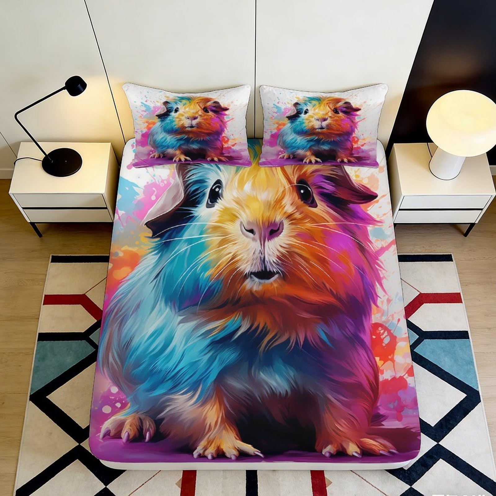 Pnayamiorkfel Style-2 3D Printed Colorful Guinea Pig Fitted Sheet Microfiber Soft Mattress Cover Splash Art For Bedroom Guestroom Decor 90X200x25cm