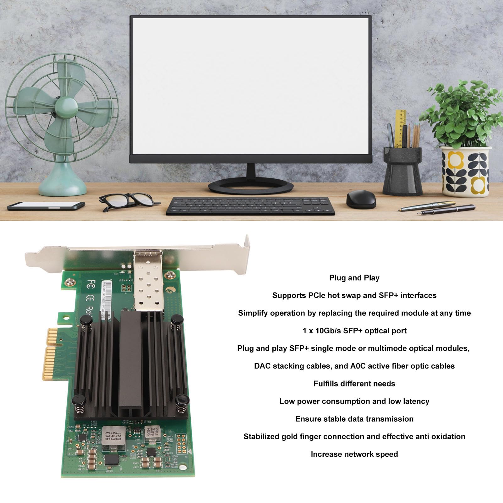 Adattatore di Rete PCIe X4 da 10 Gigabit, Bassa Latenza con Interfaccia SFP Plus, per Vari Sistemi Operativi, Adattatore di Rete PCIe X4, Eccellente Dissipatore di Calore
