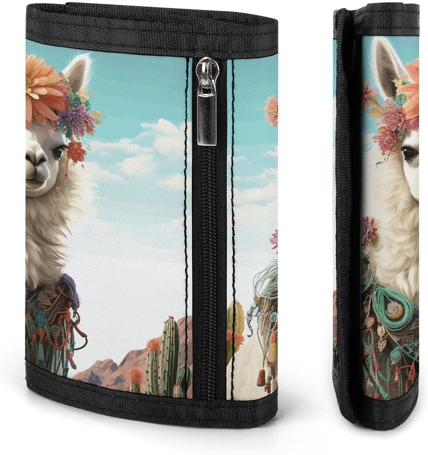 Trifold Canvas Wallet with Keychain, Modern Fashion Credit Card Holder Wallet for Men Women, Mexican Llama Cactus Slim Wallets W/Zipper Coin Pocket, Novelty Birthday Gift