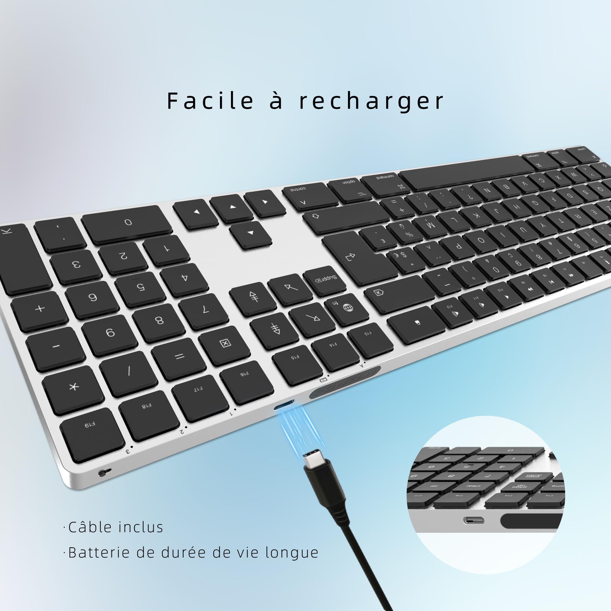 Clavier Bluetooth Aans Fil Rechargeable, en Aluminium pour Mac, Clavier Silencieux avec Touches Ultra-discrètes, Compatible avec Apple iMac, MacBook, Mac et iPad, Layout AZERTY, Argent Et Noir