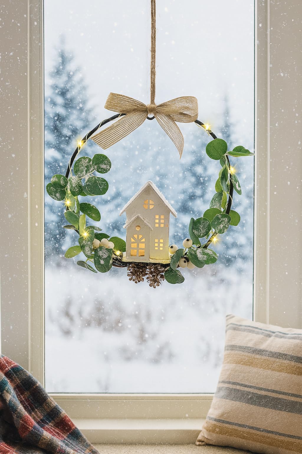 Dekorierter Metallring 22 cm mit LED‑Haus Eukalyptus Zapfen LED Deko‑Ring zum Hängen Kranz Dekokranz Türdeko Wanddeko Adventsdeko Weihnachtsdeko Kränze Türkranz Weihnachtskranz Wandkranz Winterdeko Küche, Haushalt & Wohnen