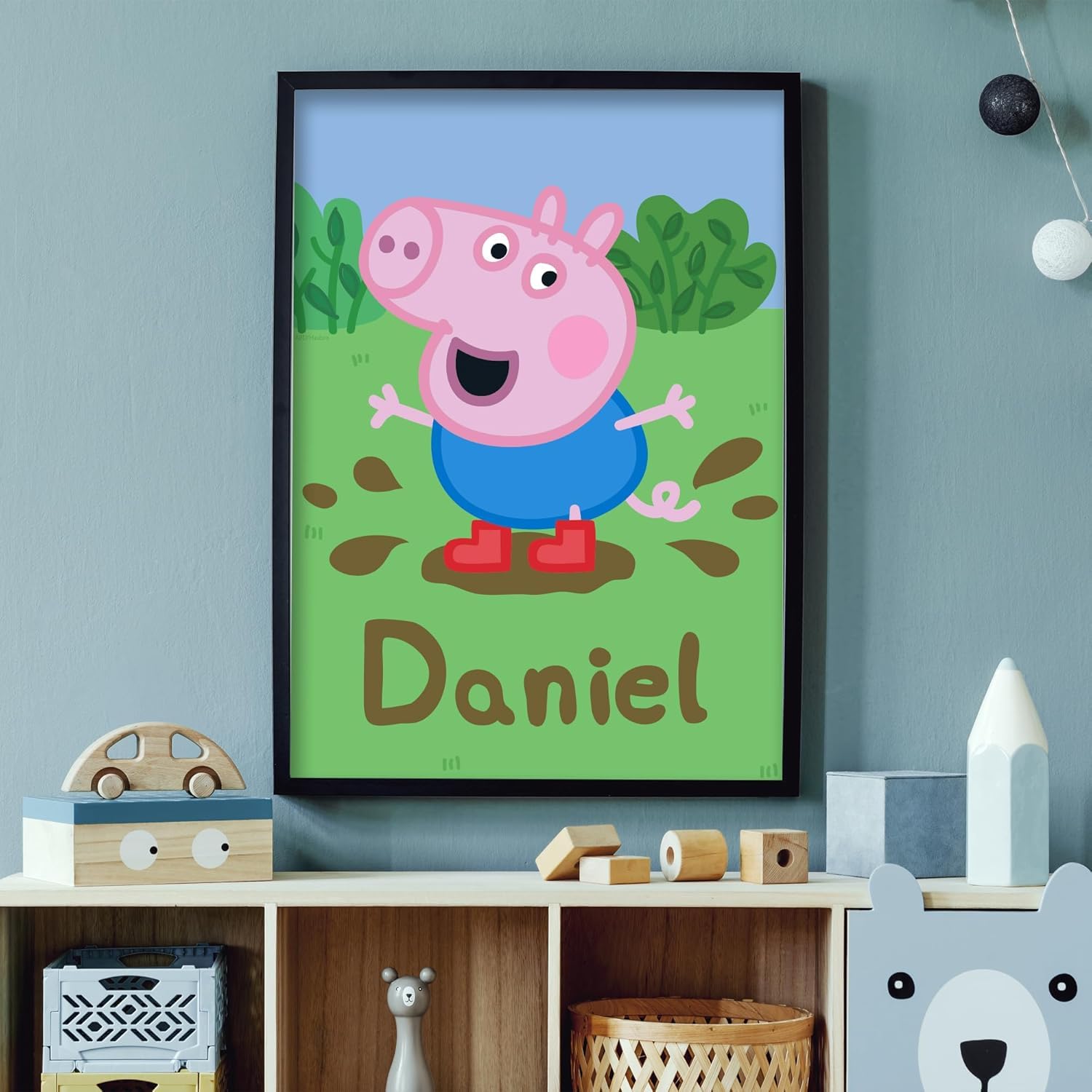 Themed Blue Peppa Pig Print - Peppa Pig George Muddy Puddle Personalised Name Poster Wall Art (29.7Cm X 42Cm - A3)