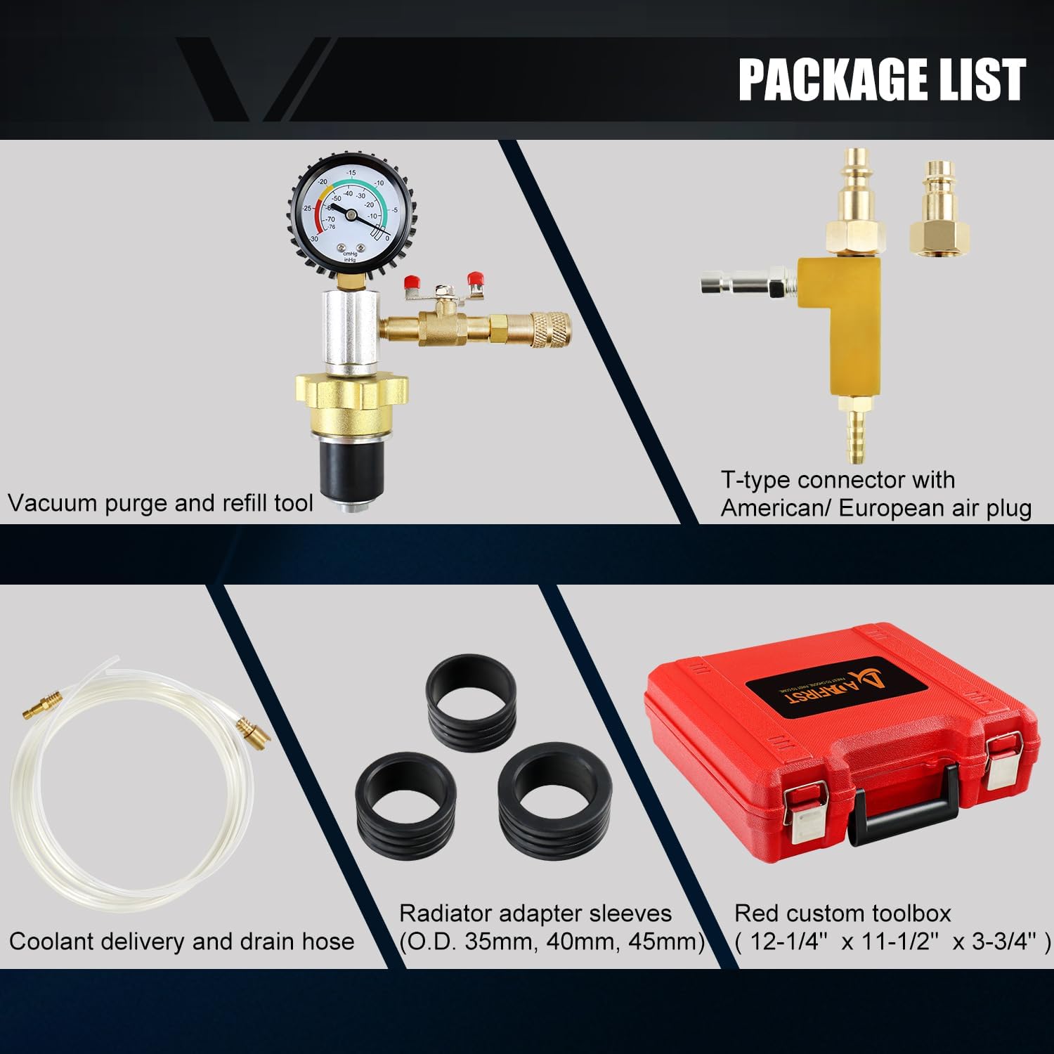 Automotive Radiator Coolant Vacuum Refill Tool Kit, Engine Cooling System Vacuum Purge & Fill Tool Set with Universal Adapters (O.D. 32mm 35mm 40mm 45mm) for Car SUV Truck Airlift, Red Case