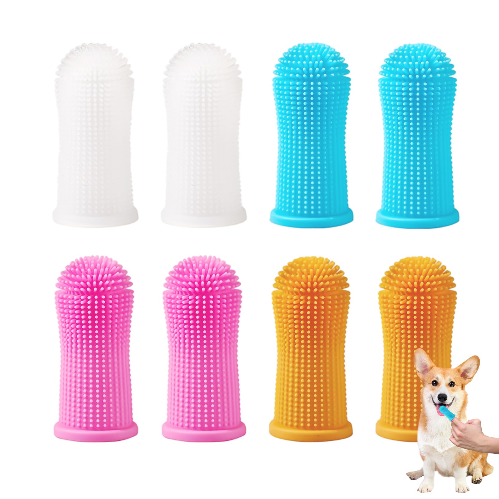 8 Piezas Cepillo Dientes Perro Silicona, Cepillo de dientes de dedo de 360º, Kit de Cepillos de Diente de Limpieza de Diente de Silicona para Perros, 4 Colores