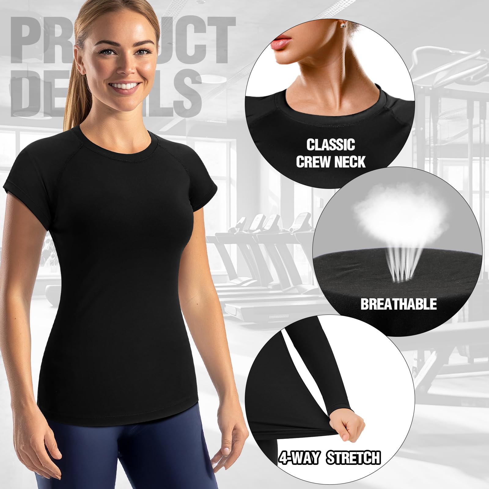 Coume Lot de 4 t-shirts de compression à manches courtes pour femme - T-shirt de course à pied, yoga - Séchage rapide