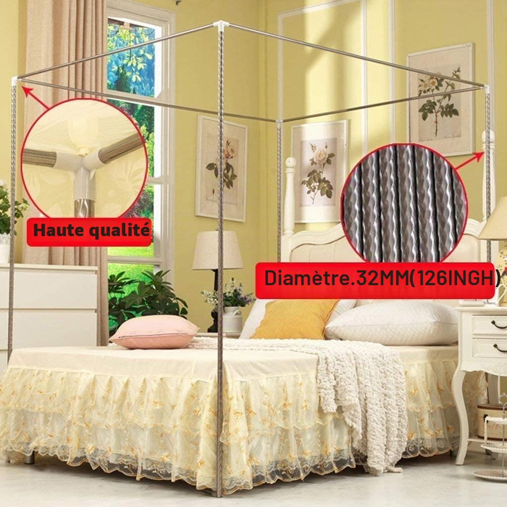 Cadre de lit à baldaquin en acier inoxydable pour lit double/complet/queen/king size – Moustiquaire incluse, cadre à quatre affiches avec support de lit