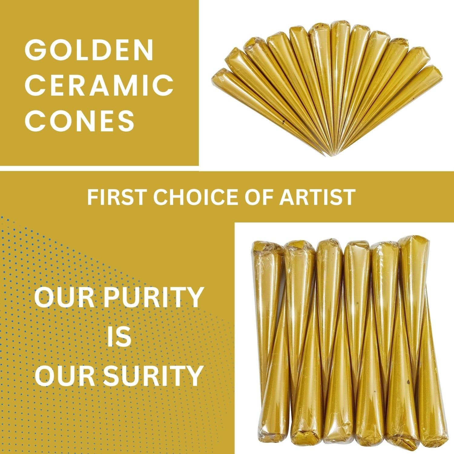 White Ceramic Cones for Arts & Crafts, Lippan Art, Mandana Art, Texture Art, Pottery, Liner, DIY Decorative Purposes (Pure for Sure) (4 GOLDEN CONE) 3