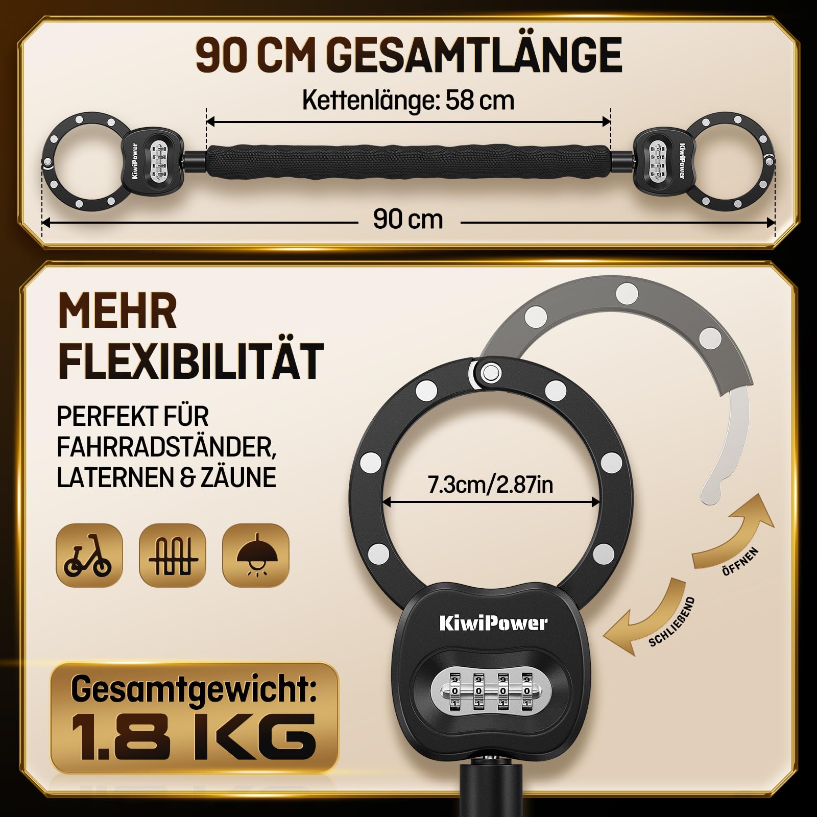 E Scooter - Candado con código numérico (90 cm) | 10 cm de apertura de cadena de acero de 8 mm para patinete eléctrico, bicicleta y bicicleta eléctrica
