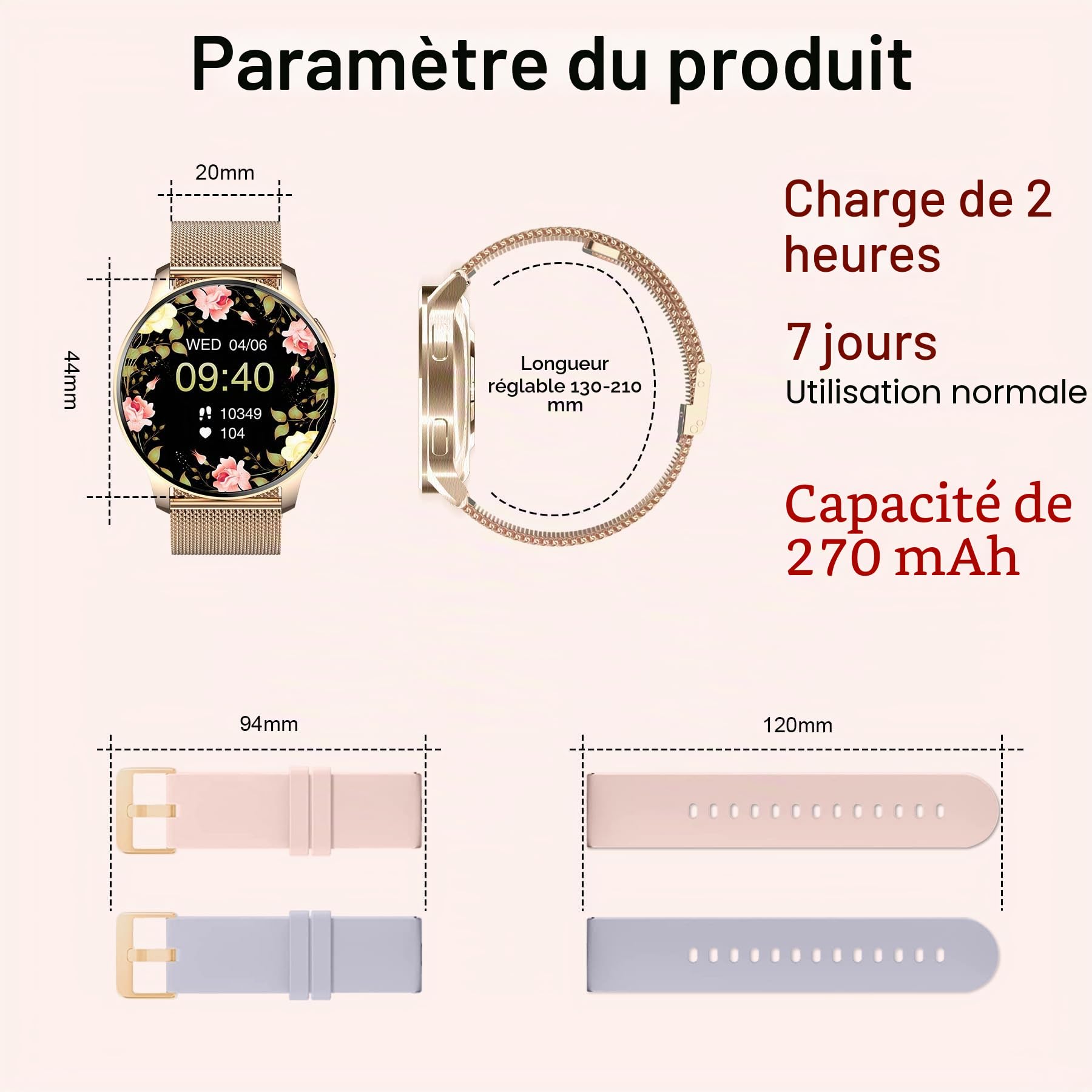 Montre Intelligente Femme avec Appel, 1,32" Smartwatch Automatique Homme, Podomètre/Moniteur Sommeil/Cardiofrequenzimetro, 20 Modes Sportif Android iOS Montre Intelligente Doré, 3 Bracelets