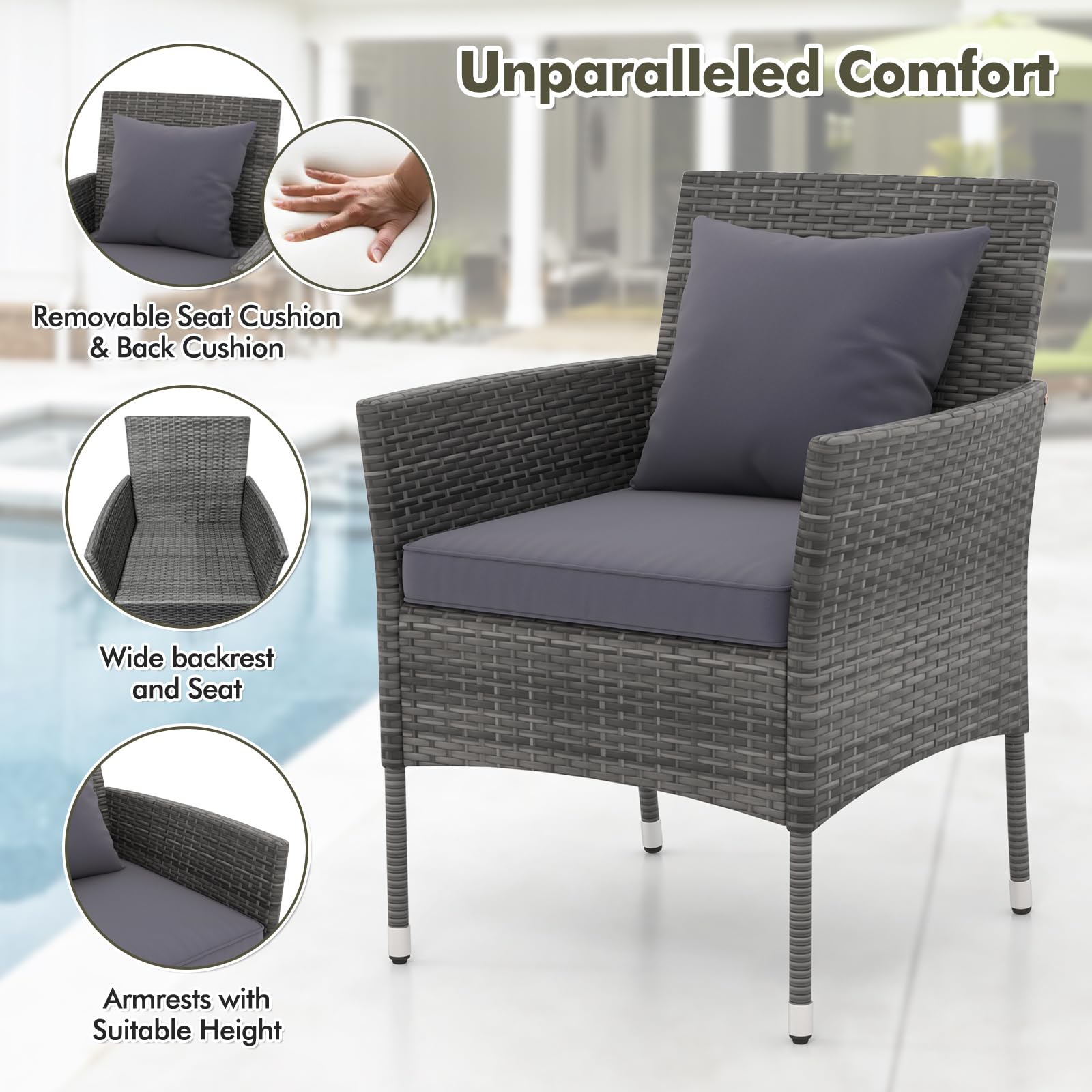 DORTALA Wicker Patio Furniture Set 3 Piece, Small Outdoor Table & Chairs with Tempered Glass Tabletop, Cushions, Rattan Conversation Bistro Set for Balcony, Porch, Backyard, Deck, Mix Gray+Gray - 2