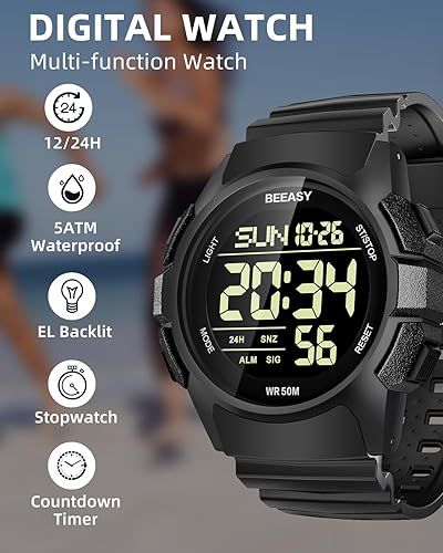 Miniatura 2 de Beeasy Men Digital Sports Watch,Waterproof Watch with Stopwatch Countdown Timer Alarm Function Dual Time Rubber Strap Wrist Watch for MenStudent