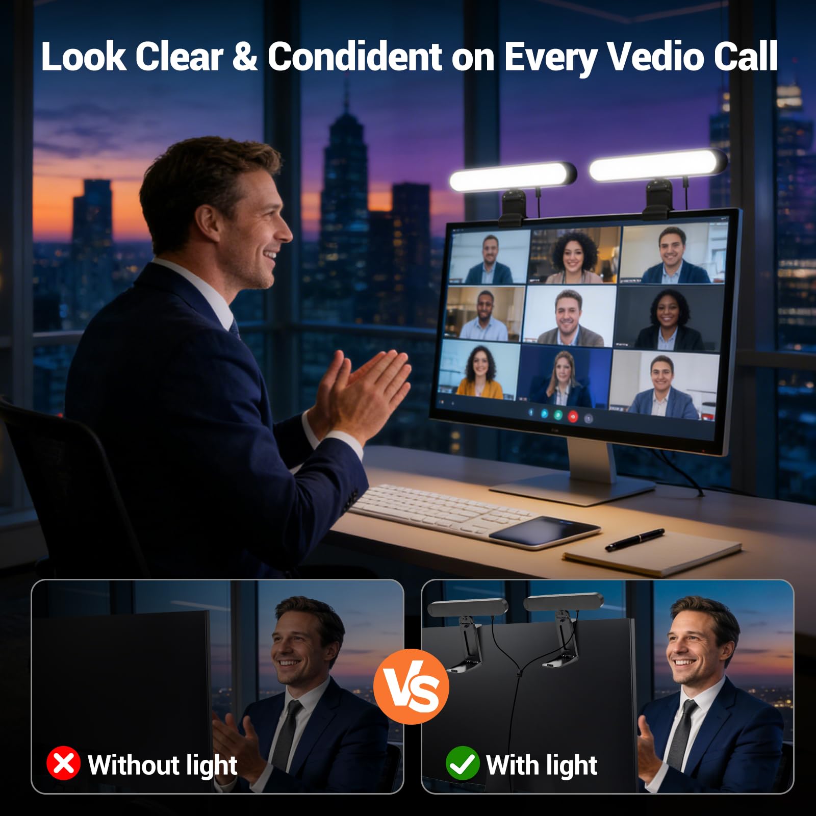 Luce per videoconferenza per computer portatile e telefono; luce luminosa per selfie, computer, laptop, videoconferenza, luce monitor luce per webcam, zoom, chiamate, video, riunioni