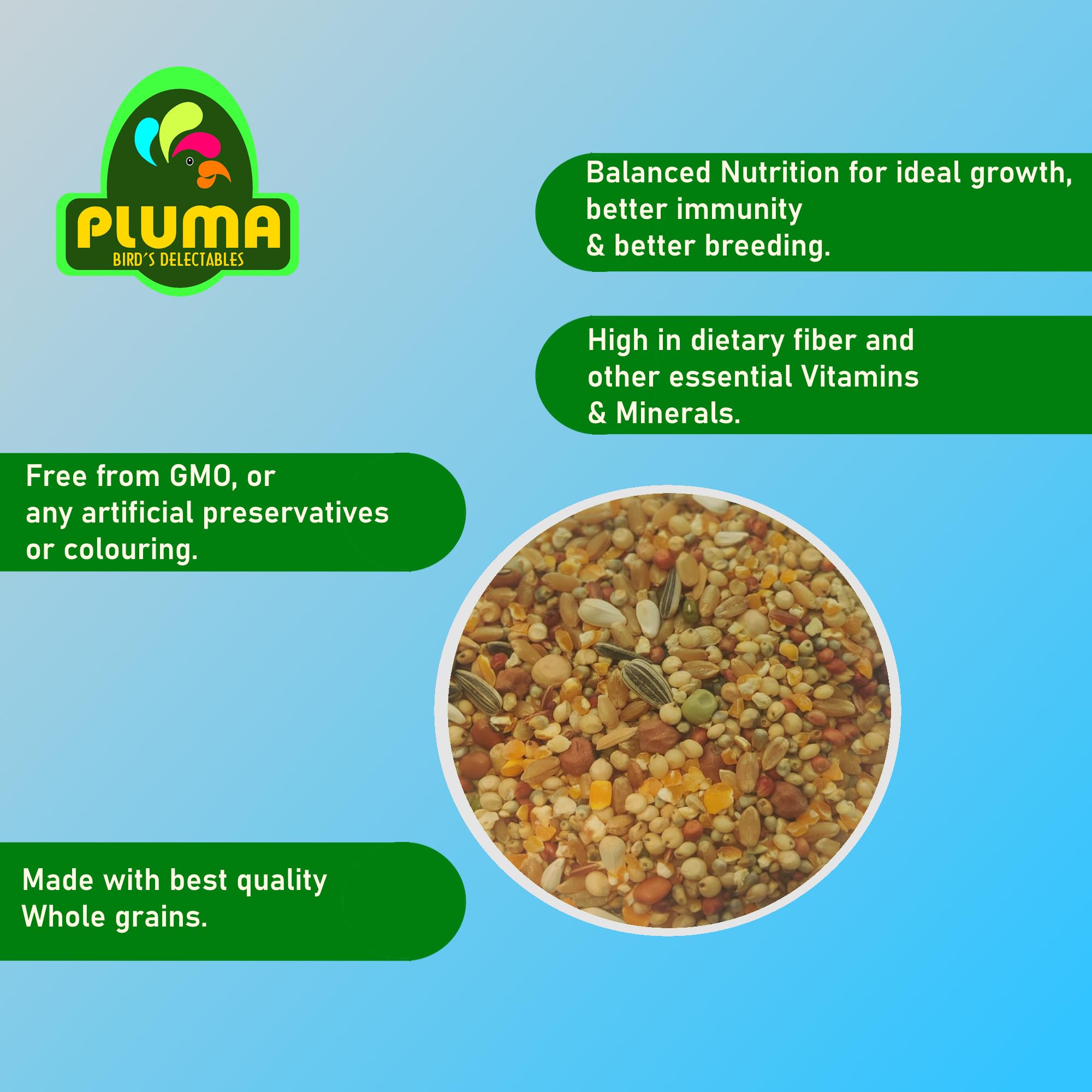 PLUMA BIRD'S DELECTABLES Bird Food for Pigeons, Dove, Wild Parrots - 800 G | Premium Seed and Millet Mix | Daily Feed for Adult & Self Feeding Birds. 1
