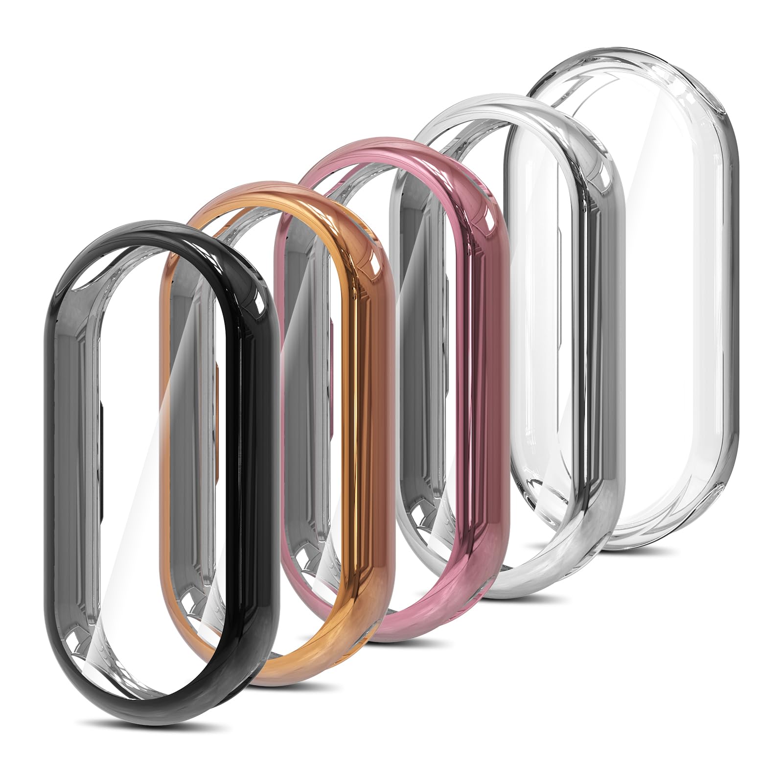 Simpeak 5-Stück Hülle Kompatibel mit Xiaomi Smart Band 10, Schutzhülle Leicht Weiche Silikon Ultradünne TPU Case - Schwarz, Transparent, Silber, Roségold, Rosa
