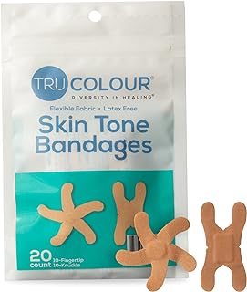 Tru-Colour Skin Tone Knuckle and Fingertip Bandages (20 Count) - Flexible, Waterproof, PFAS-Free Adhesive Strips Help Protect Cuts, Scrapes, Scratches - Beige